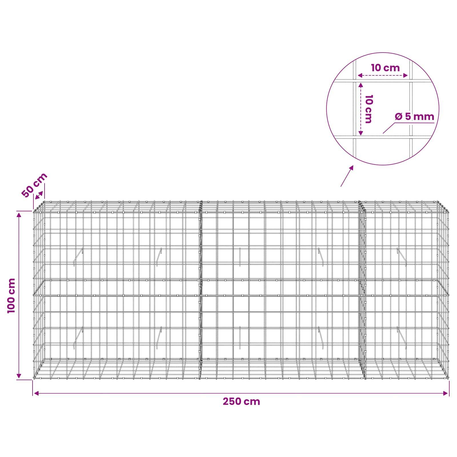 Drahtgeflecht-Gabionenkorbdiagramm mit einem 250 cm langen, 100 cm hohen und 50 cm tiefen rechteckigen Käfig; die Vergrößerung zeigt einen Maschenabstand von 10 cm und einen Drahtdurchmesser von 5 mm.