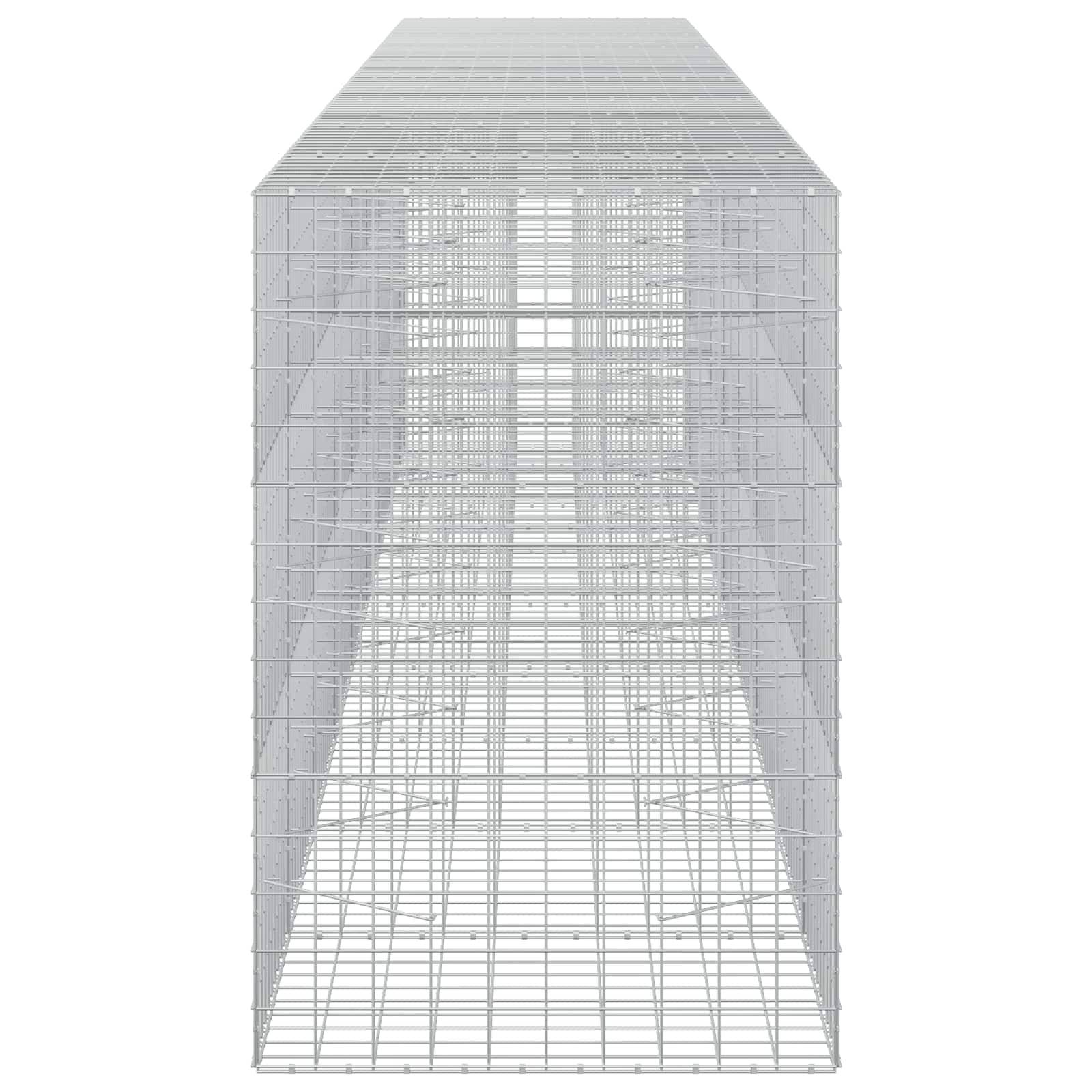 Transparentes Drahtgitter-3D-Modell eines hohen rechteckigen Gebäudes oder käfigähnlichen Strukturen, in perspektivischer Ansicht auf weißem Hintergrund dargestellt.
