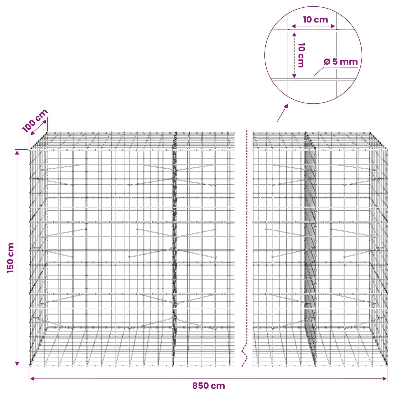Drahtgitter-Gabionen-Dimensionsdiagramm mit einem rechteckigen Korb mit einer Höhe von 150 cm, einer Länge von 850 cm und einer Tiefe von 100 cm, mit 10 cm Gitter und 5 mm Draht.