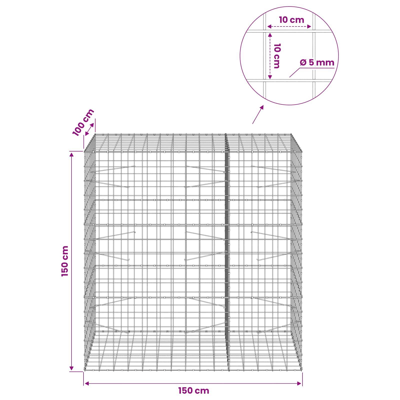 Drahtgitter-Käfig-Diagramm mit Abmessungen: 150 cm breit, 150 cm hoch, 100 cm tief, mit 10 cm Gitterabstand und 5 mm Drahtdurchmesser.