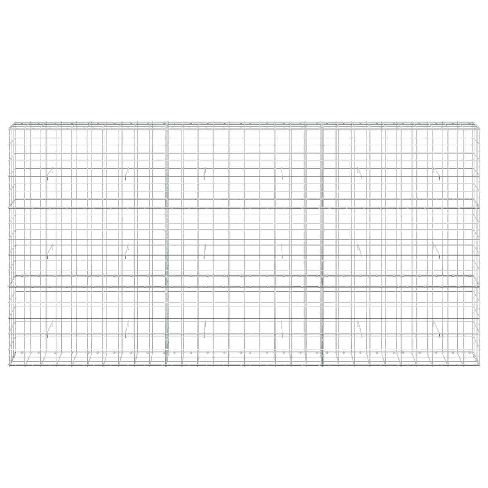 Drahtrahmen-Diagramm eines großen rechteckigen Drahtgehäuses oder einer Einhausung, dargestellt in perspektivischer Ansicht mit gitterartigen Maschenfeldern und ohne Beschriftungen.