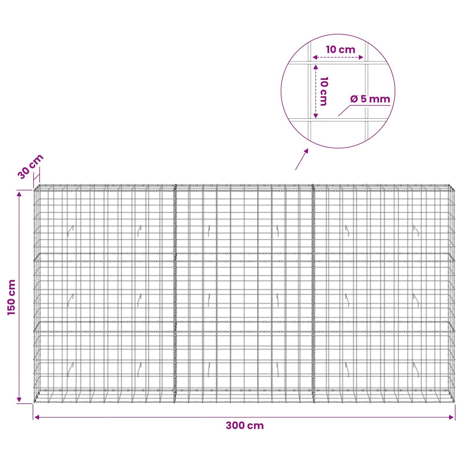 Drahtgeflecht-Wanddiagramm mit Gesamtabmessungen von 300 cm Breite, 150 cm Höhe, 30 cm Tiefe, mit einem Detail von 10 cm x 10 cm Öffnungen und 5 mm Drahtdurchmesser.