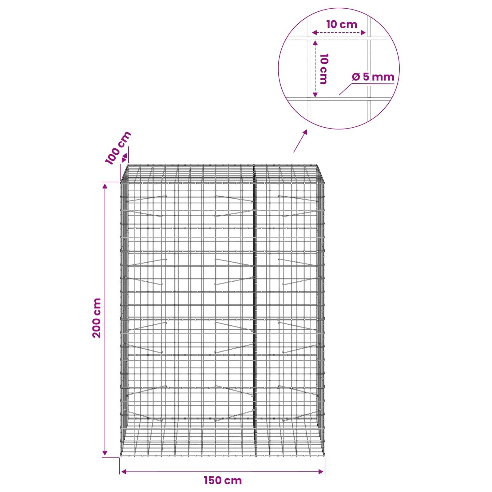 Drahtgitterkäfig-Diagramm mit Abmessungen: 200 cm Höhe, 150 cm Breite, 100 cm Tiefe, mit 10 cm Gitterabstand und 5 mm Drahtdicke.