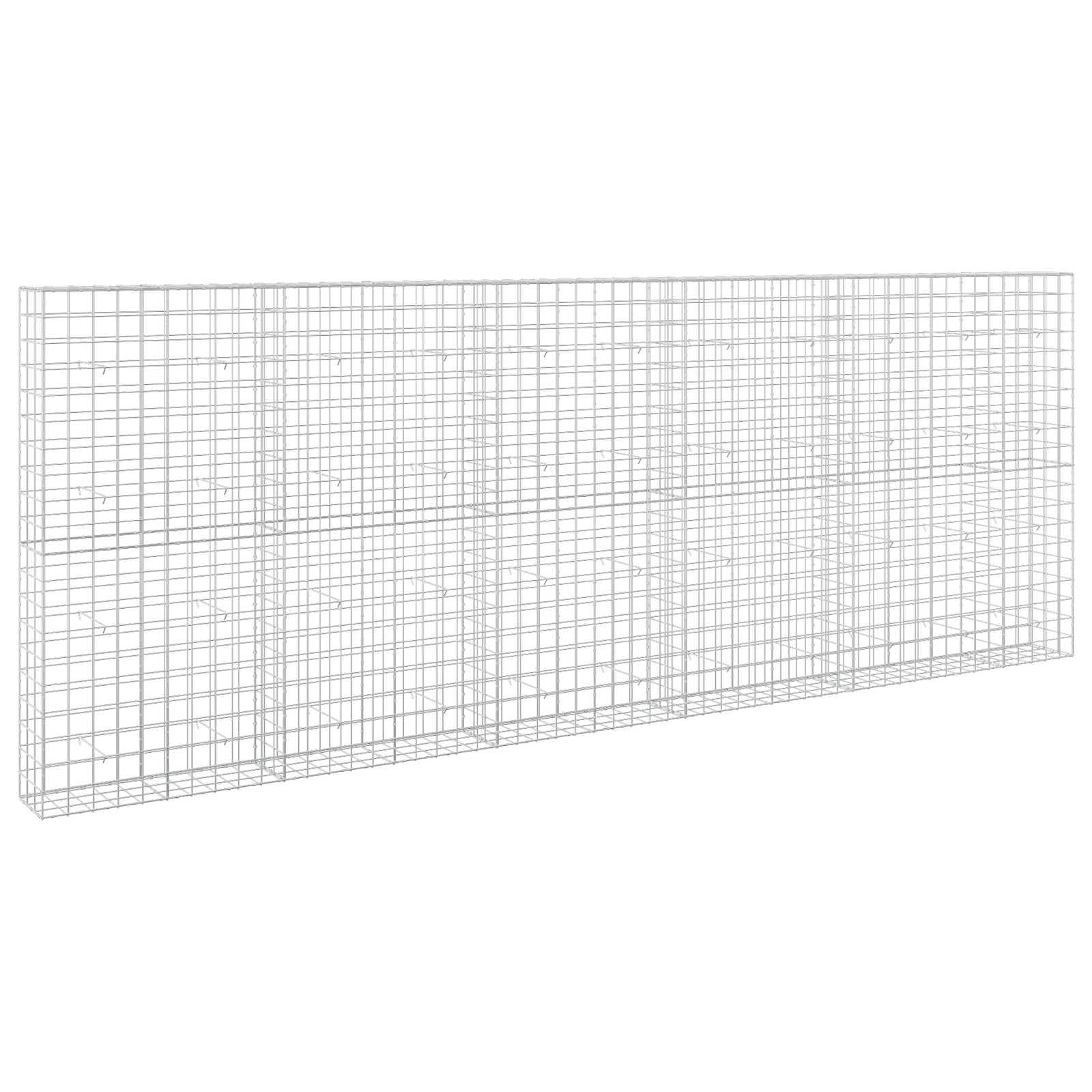 Langer rechteckiger Drahtgitterkäfig oder Gitterwand in Perspektive, dargestellt als einfache weiße technische Illustration auf leerem Hintergrund.