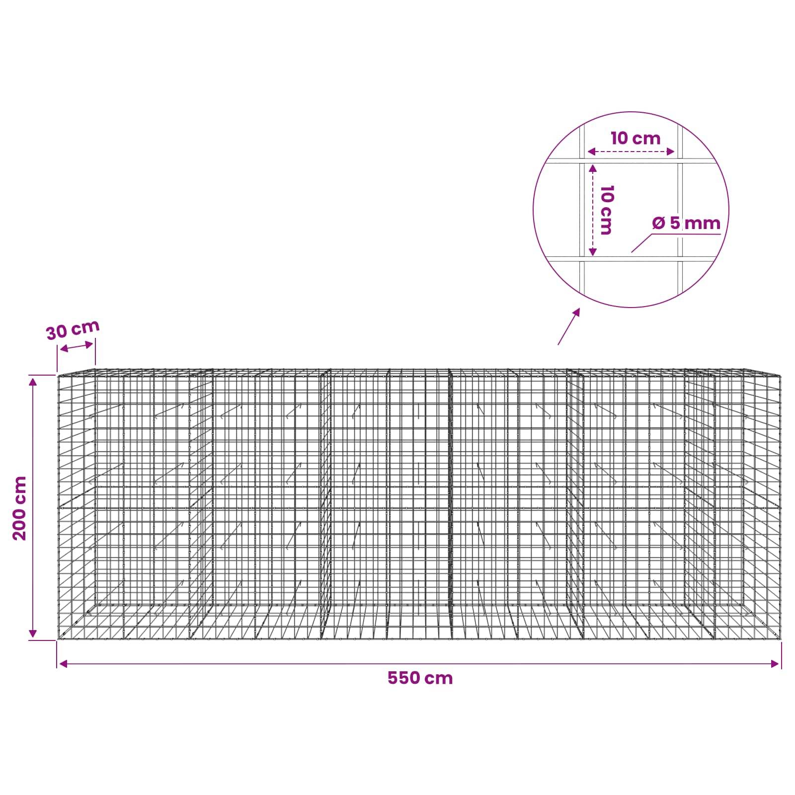 Technisches Diagramm eines rechteckigen Drahtgitterkäfigs, 550 cm lang, 200 cm hoch, mit 30 cm Abstand und einer Ausschnittsdarstellung mit 10 cm mal 10 cm Maschenweite und 5 mm Drahtdurchmesser.