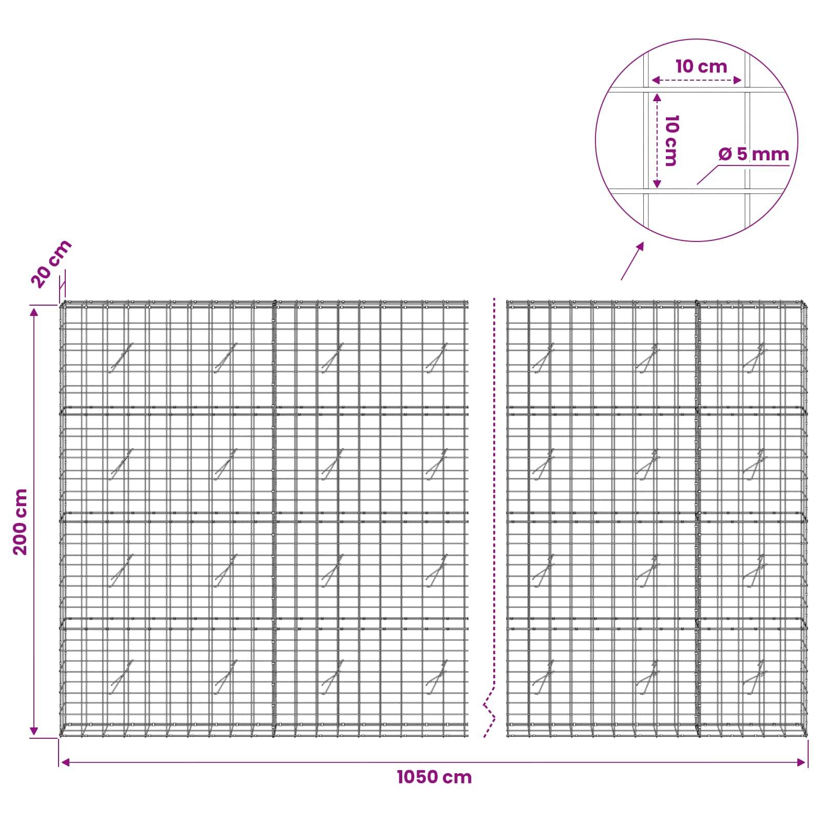 Technisches Diagramm eines Maschenpaneel-Layouts mit einem 1050 cm x 200 cm Gitter mit 20 cm Tiefe und 5 mm Drahtdetails in der Detailansicht.