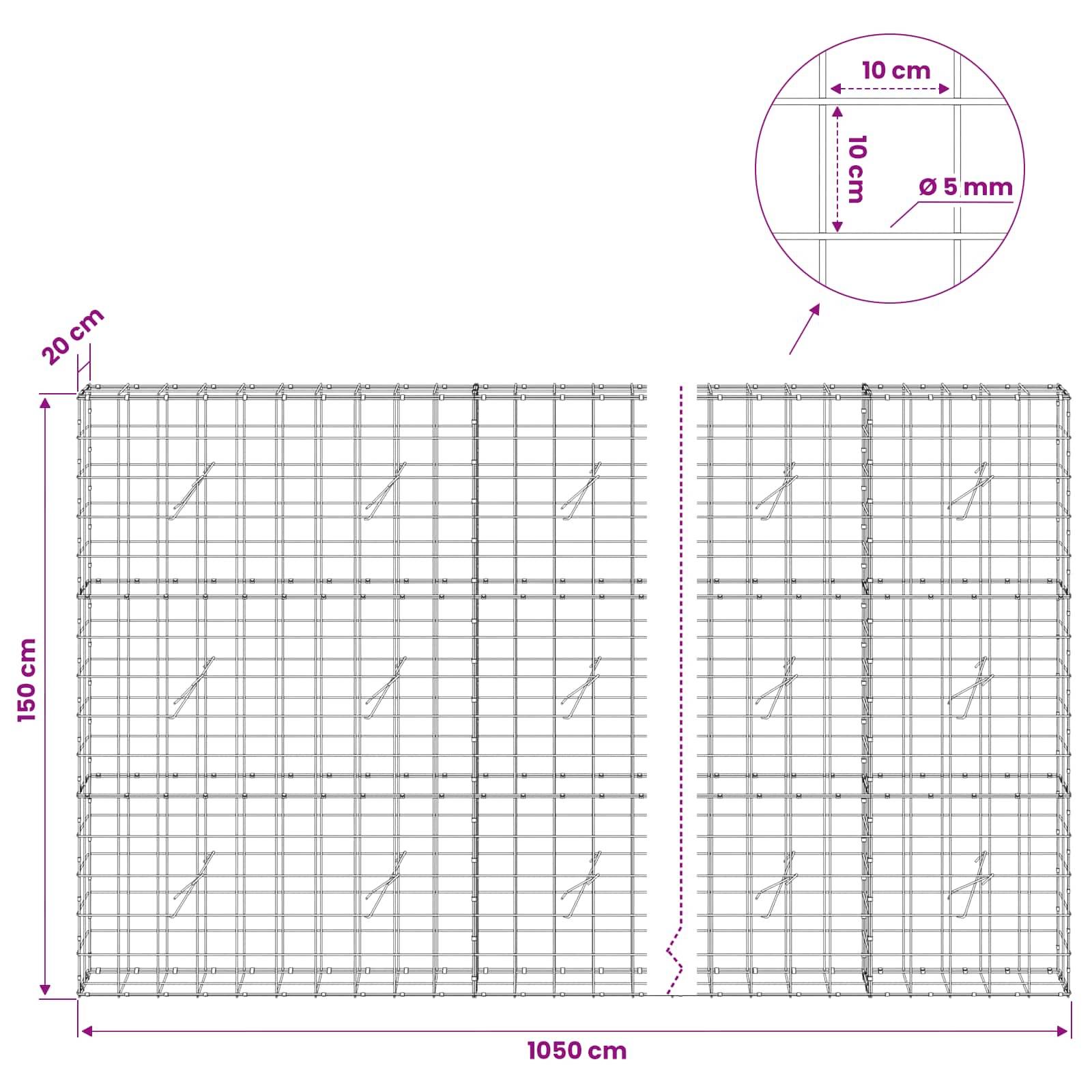 Technisches Diagramm eines Drahtgitterzaun-Paneels mit Abmessungen: 1050 cm breit, 150 cm hoch, 20 cm Tiefe, mit 10 cm mal 10 cm Gitter und 5 mm Drahtdurchmesser.