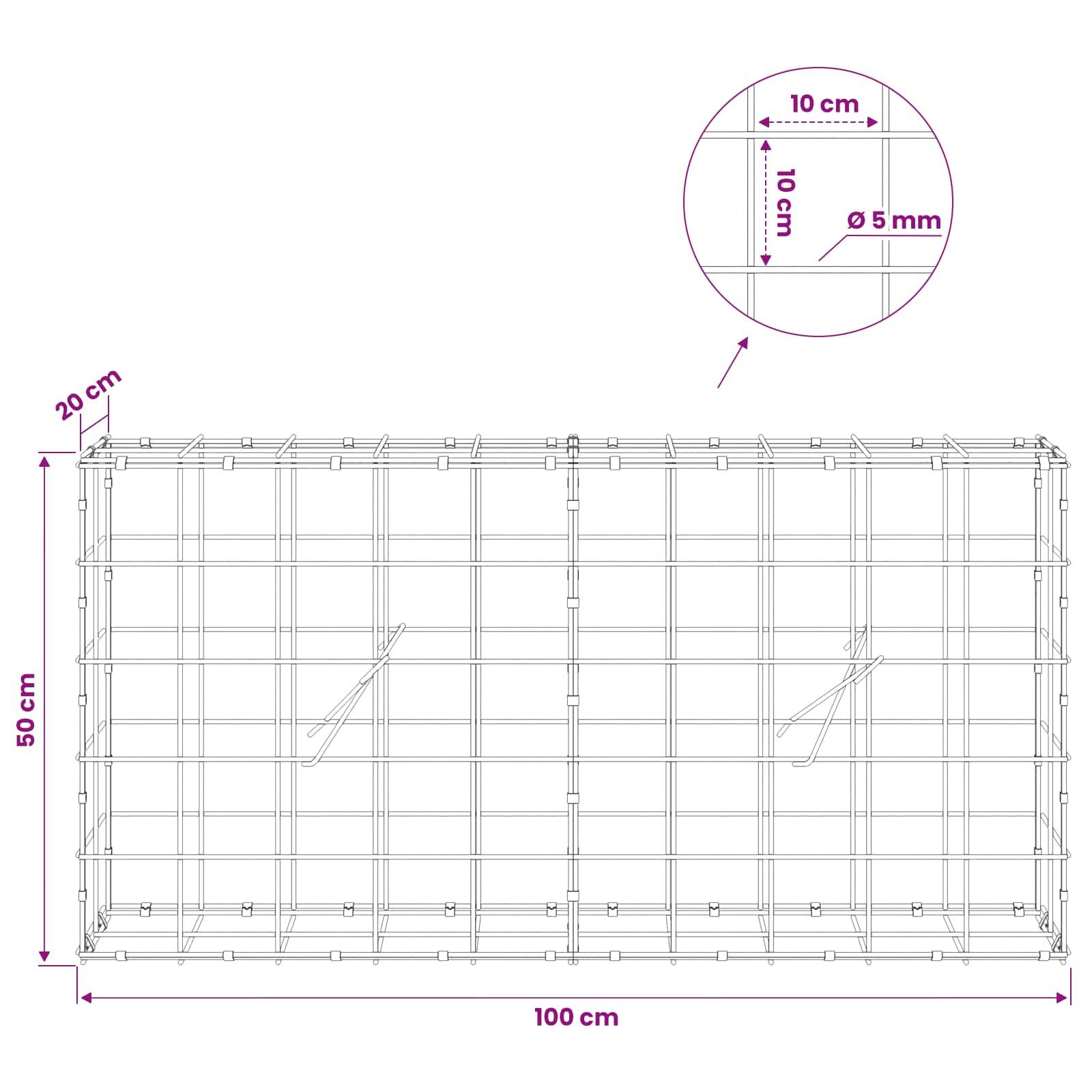 Technische Zeichnung eines Drahtgitterkäfigs, 100 cm breit, 50 cm hoch, 20 cm tief, mit 10 cm Gitterabstand und 5 mm Drahtdurchmesser.