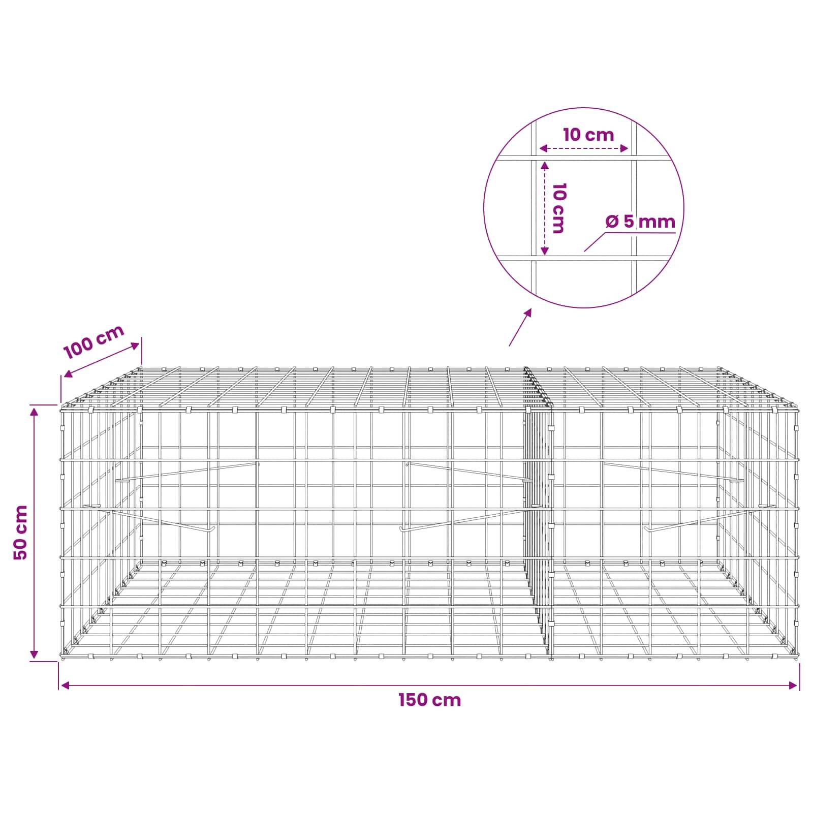 Drahtlagerkäfig-Abmessungen wie gezeigt: 150 cm breit, 100 cm tief, 50 cm hoch, mit 10 cm Gitterabstand und 5 mm Drahtdurchmesser.