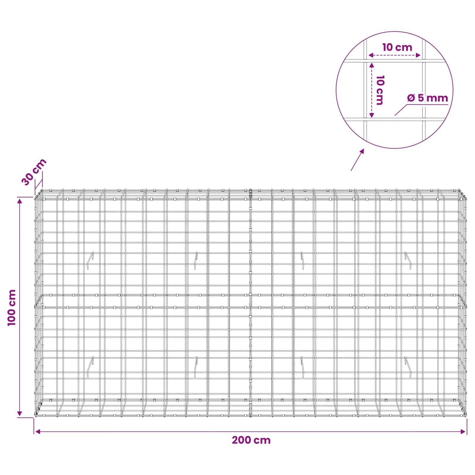 Drahtgitterpanel-Diagramm, das einen rechteckigen Käfigabschnitt von 200 cm mal 100 cm mit 30 cm Tiefe und 10 cm Gitterabstand unter Verwendung von 5 mm Draht zeigt.
