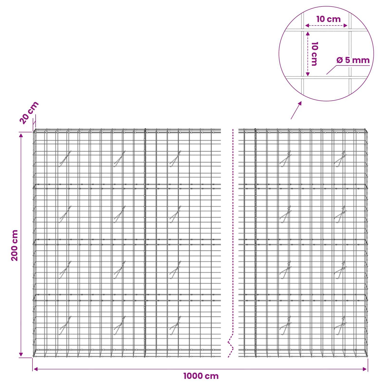 Technisches Diagramm eines Drahtgitterpanels, das ein 1000 cm breites und 200 cm hohes Blech mit 10 cm Gitterabstand und 5 mm Drahtdurchmesser zeigt.
