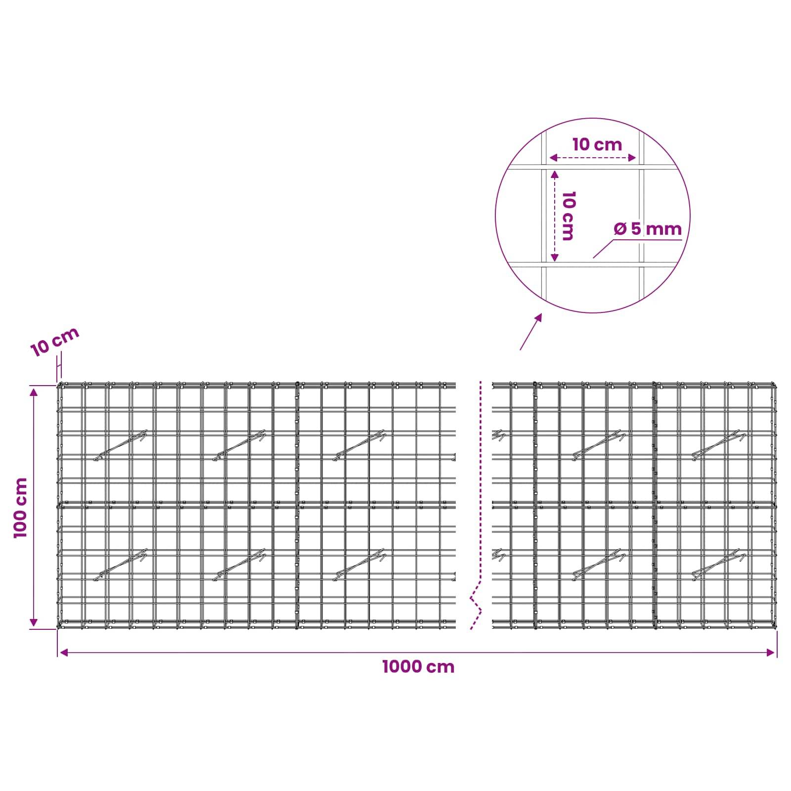 Diagramm einer Drahtgitterpaneel, 1000 cm breit und 100 cm hoch, mit 10 cm Abstand und 5 mm Drahtdurchmesser in einer vergrößerten Detailansicht dargestellt.