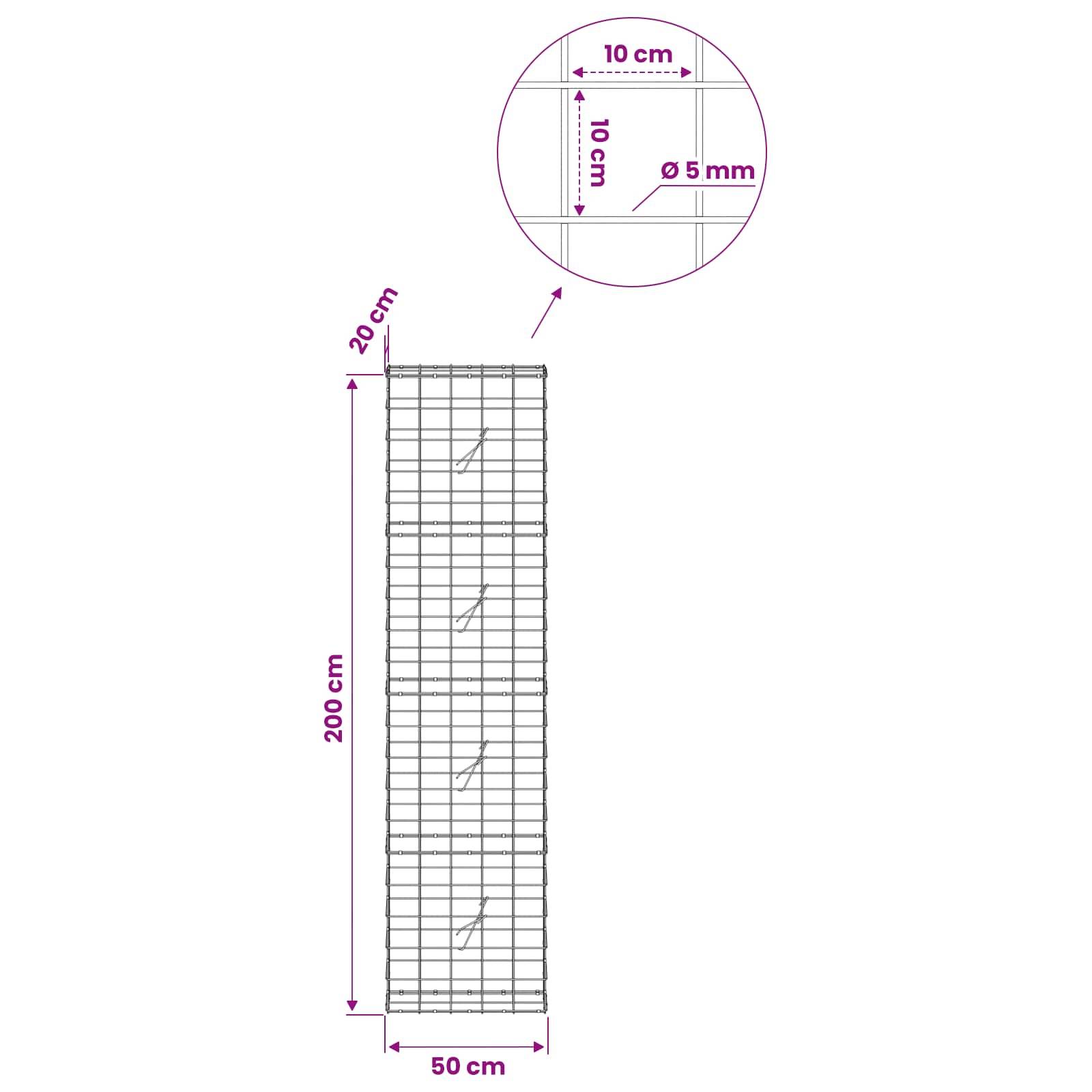Diagramm eines Drahtgitterpanels, 200 cm hoch und 50 cm breit, mit 10 cm x 10 cm großen Gitterquadraten und 5 mm Drahtdurchmesser.