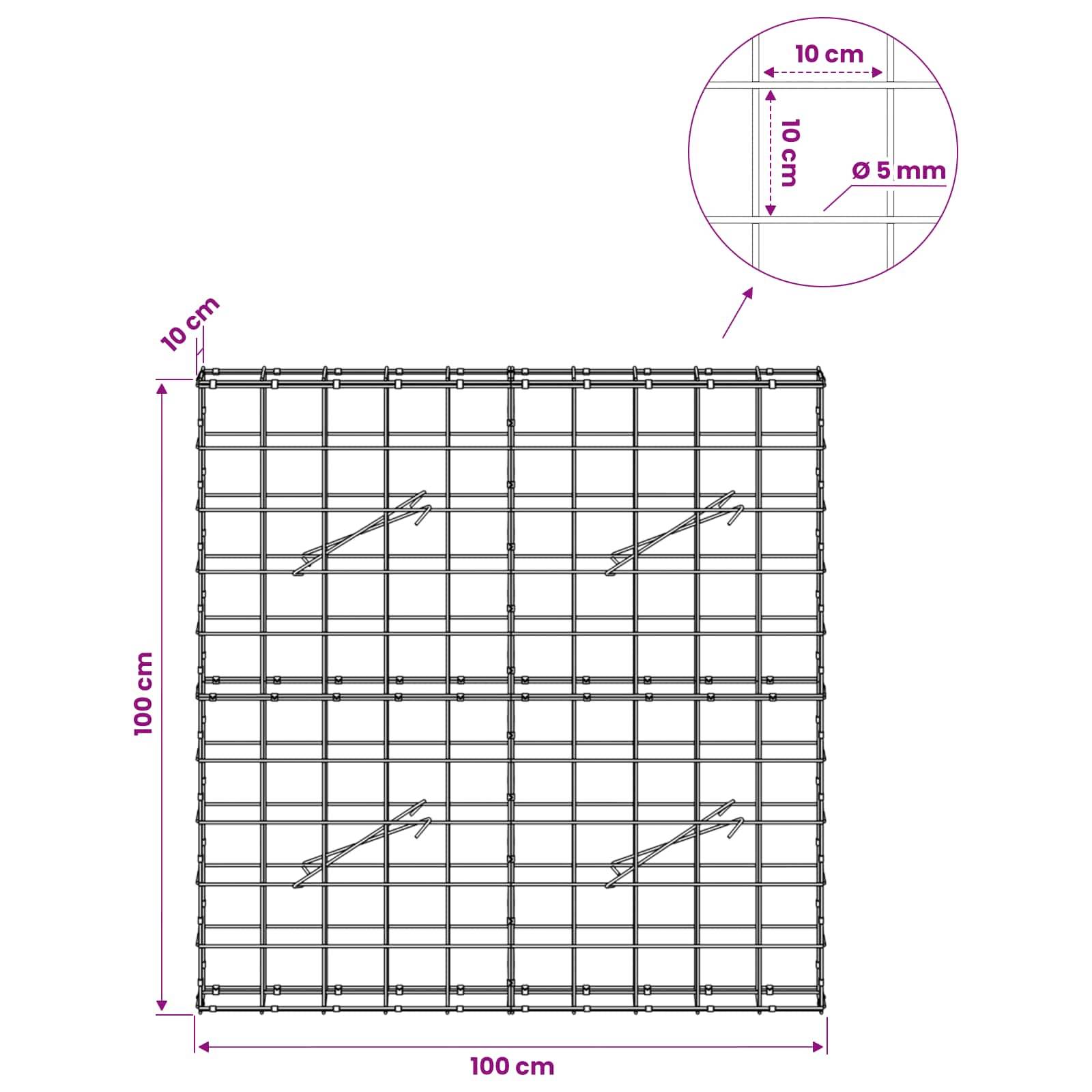 Diagramm eines 100 cm × 100 cm Drahtgitterpaneels, das 10 cm große quadratische Öffnungen und 5 mm Drahtdurchmesser zeigt.