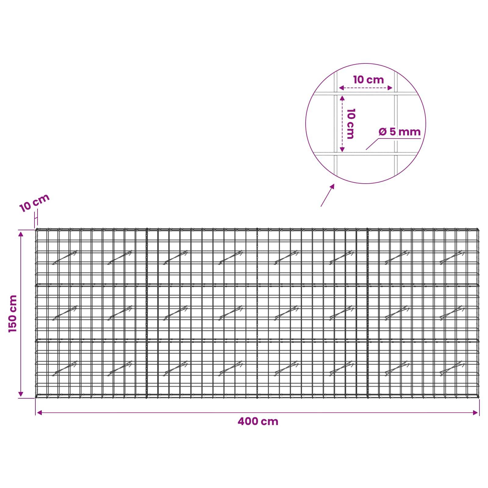 Diagramm einer rechteckigen Maschenplatte mit den Abmessungen 400 cm x 150 cm mit 10 cm Gitterabstand und 5 mm Drahtdurchmesser, dargestellt mit einer vergrößerten Detailansicht.