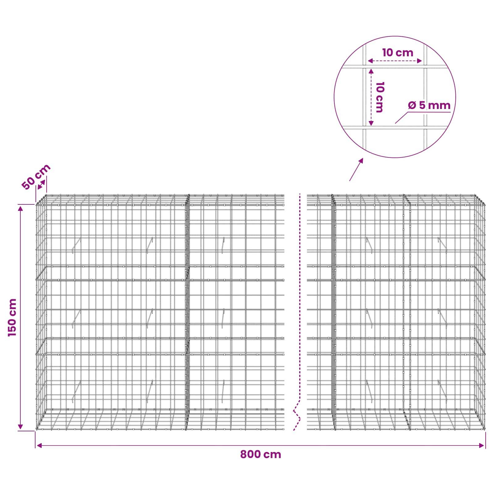 Technisches Diagramm einer Drahtgitter-Schotterwand, das eine 800 cm lange, 150 cm hohe Einheit mit 50 cm Tiefe und 10 cm Maschenöffnungen unter Verwendung von 5 mm Draht zeigt.