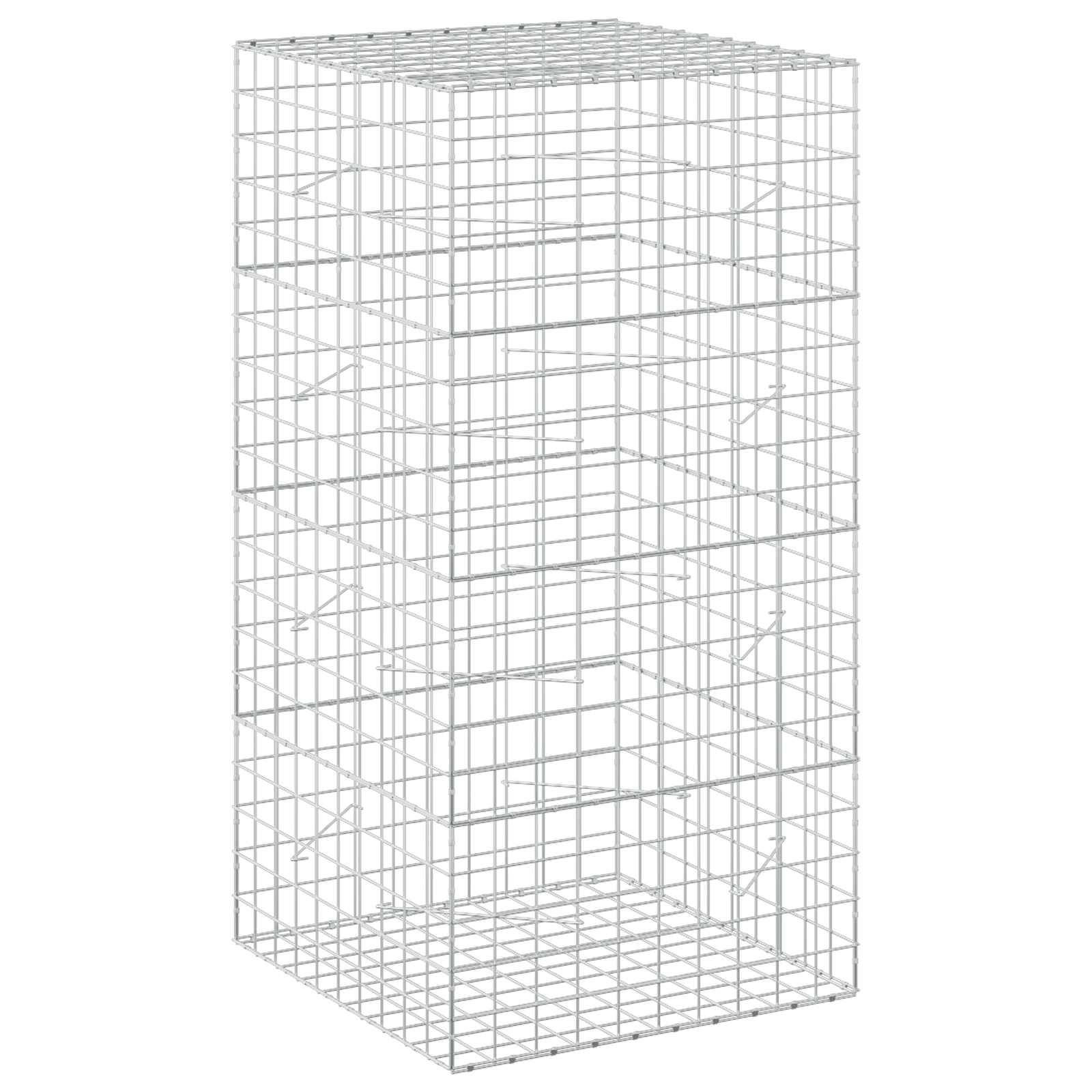 Drahtgitter eines hohen rechteckigen Metalllagerkäfigs oder Korbs, dargestellt in perspektivischer Ansicht auf weißem Hintergrund.