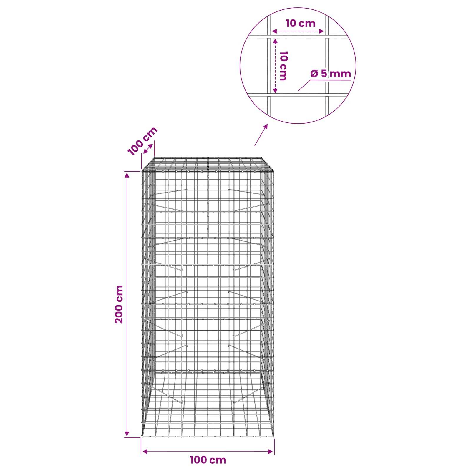 Diagramm eines rechteckigen Drahtgitters, 200 cm hoch und 100 cm breit/tief, mit einer Nahaufnahme, die einen Abstand von 10 cm und eine Drahtdicke von 5 mm zeigt.