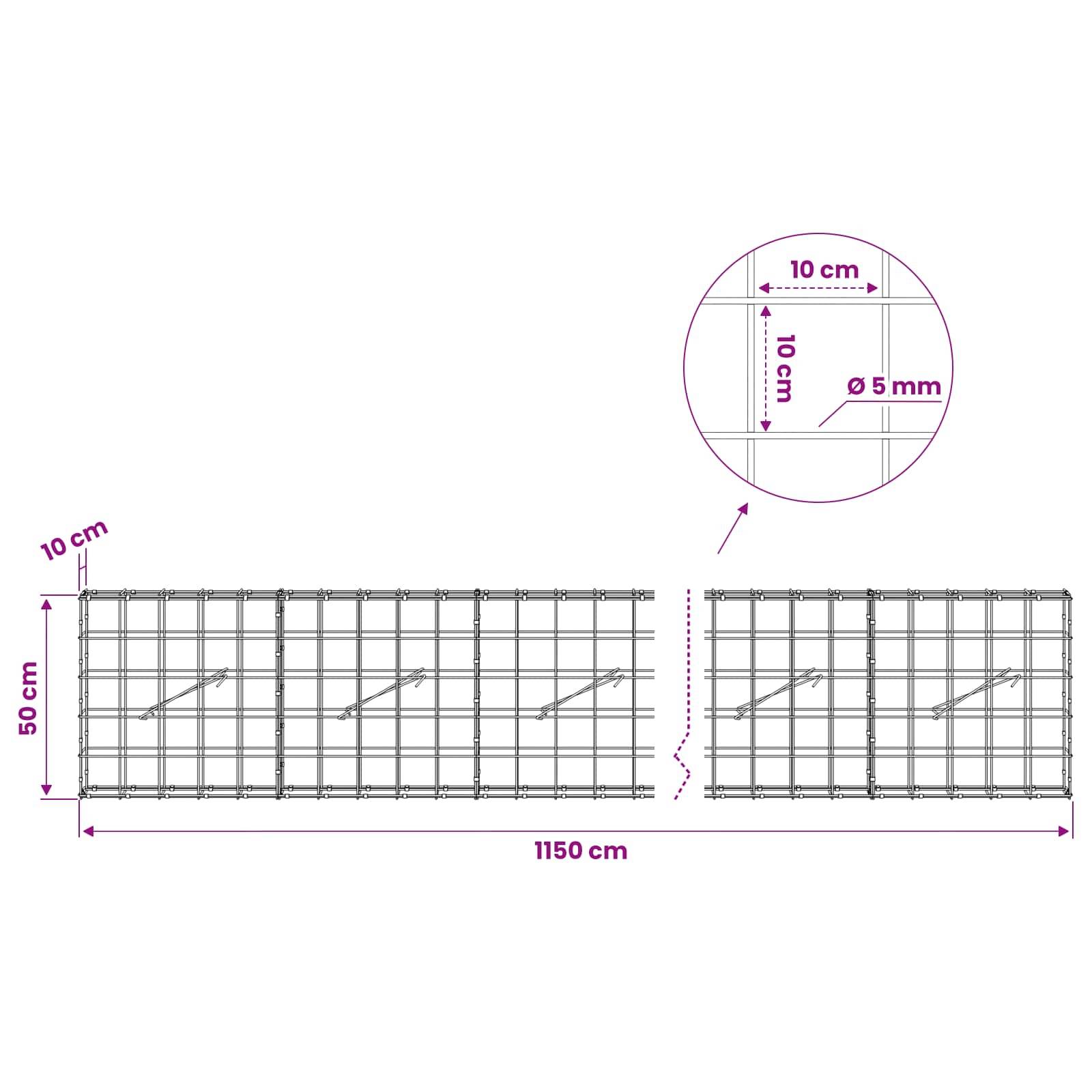 Diagramm von zwei Drahtgeflecht-Paneelen mit Abmessungen: 1150 cm Gesamtlänge, 50 cm Höhe, 10 cm Gitterabstand, 5 mm Drahtdurchmesser.