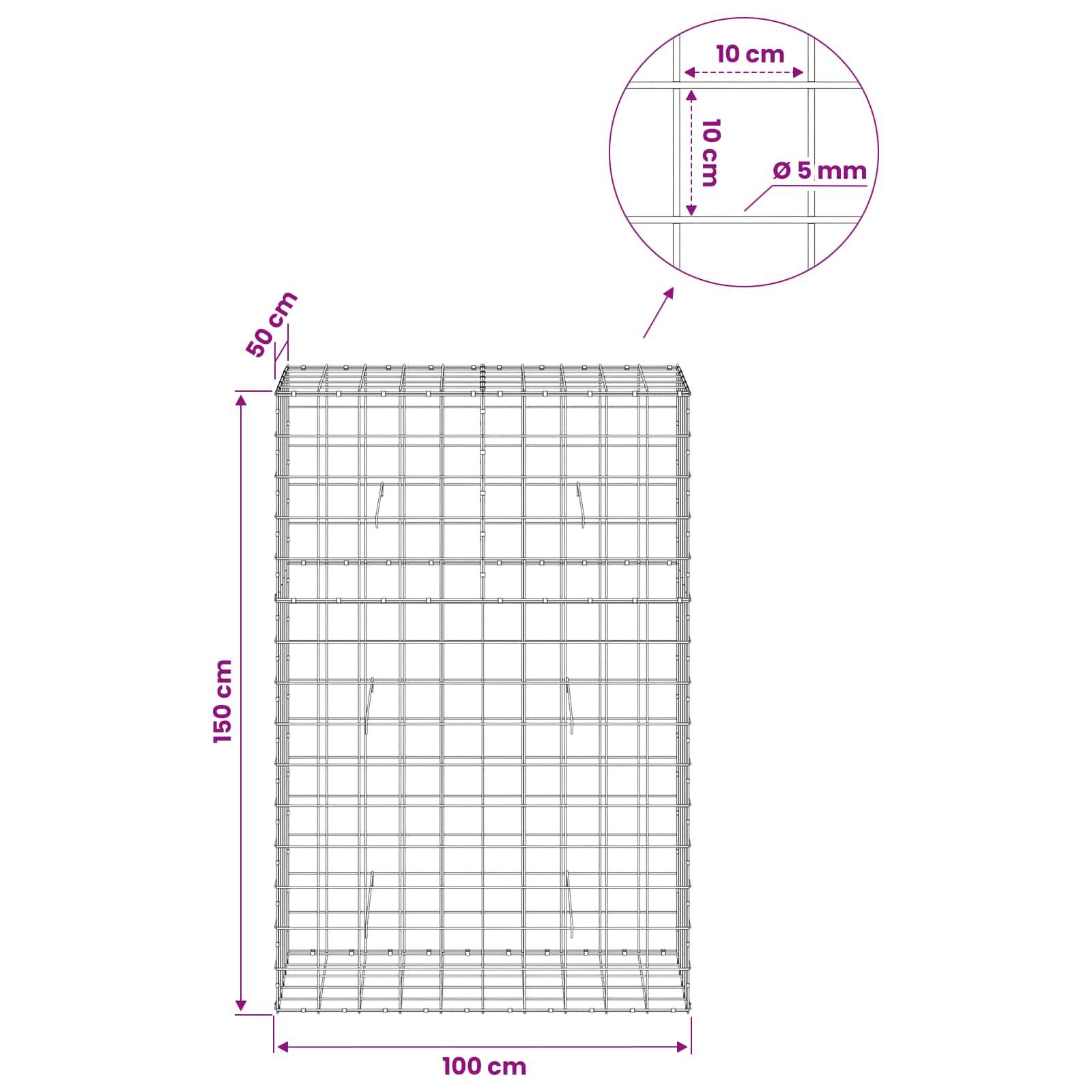 Technische Zeichnung eines Drahtgitter-Gabionenkörbes mit Abmessungen: 100 cm breit, 150 cm hoch, 50 cm tief, mit 10 cm Gitterabstand und 5 mm Drahtdurchmesser.