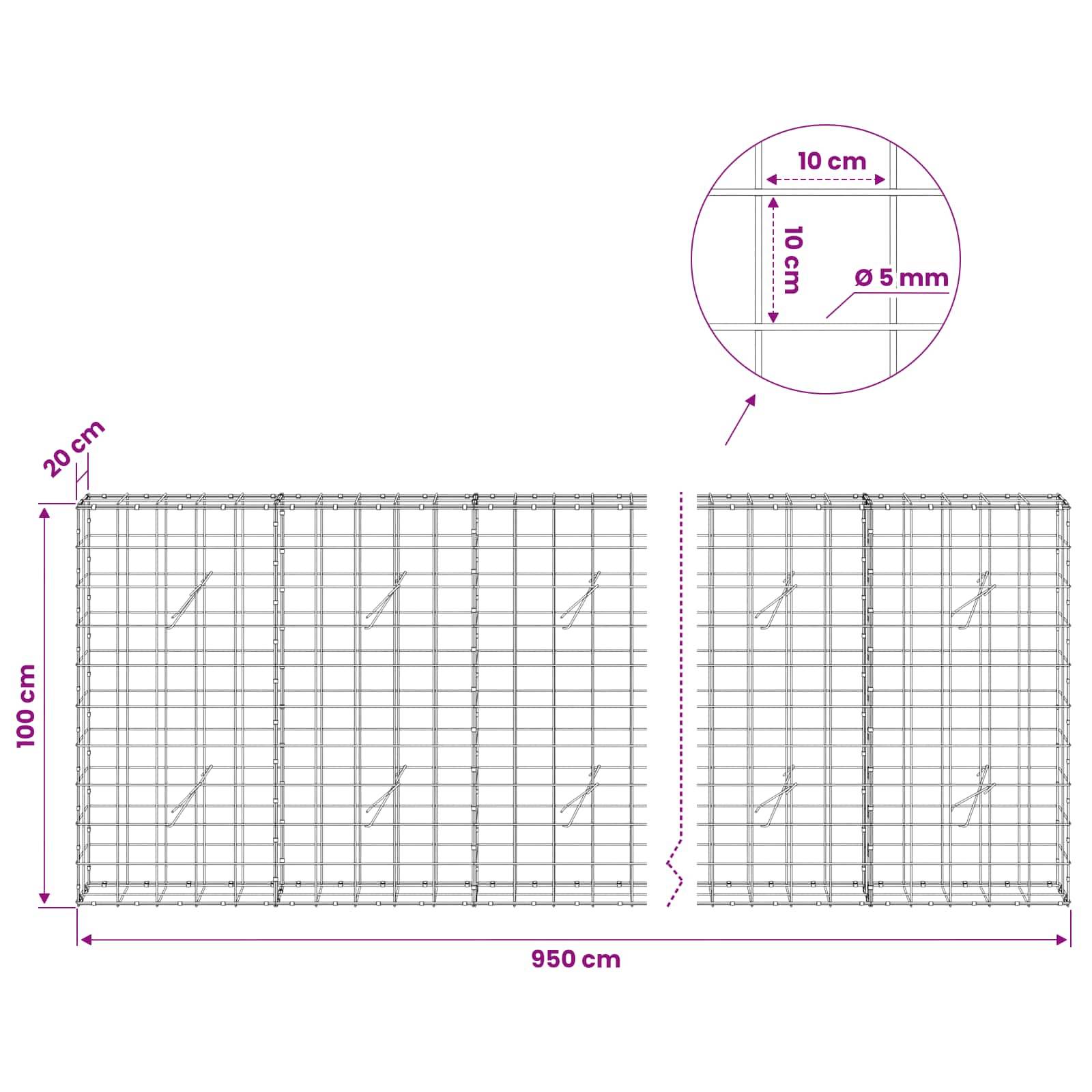 Drahtgeflecht-Paneldiagramm mit Gesamtgröße 950 cm mal 100 cm, mit 20 cm Oberseite-Detail und 10 cm quadratischem Maschenwerk aus 5 mm Draht.