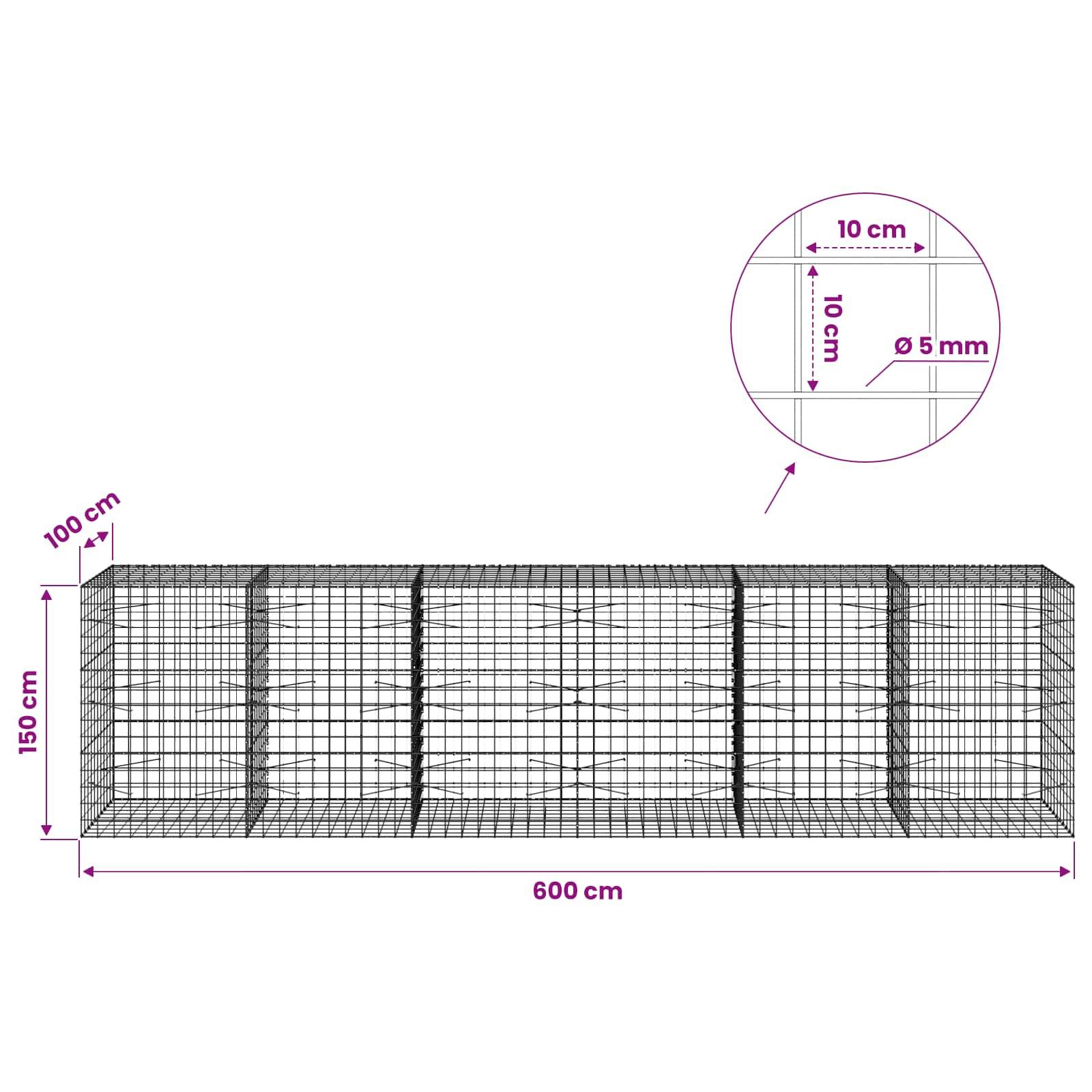 Drahtgitter-Gabionenmauer-Diagramm mit einer 600 cm langen, 150 cm hohen und 100 cm tiefen Struktur mit 5 mm Draht und 10 cm Gitteröffnungen.