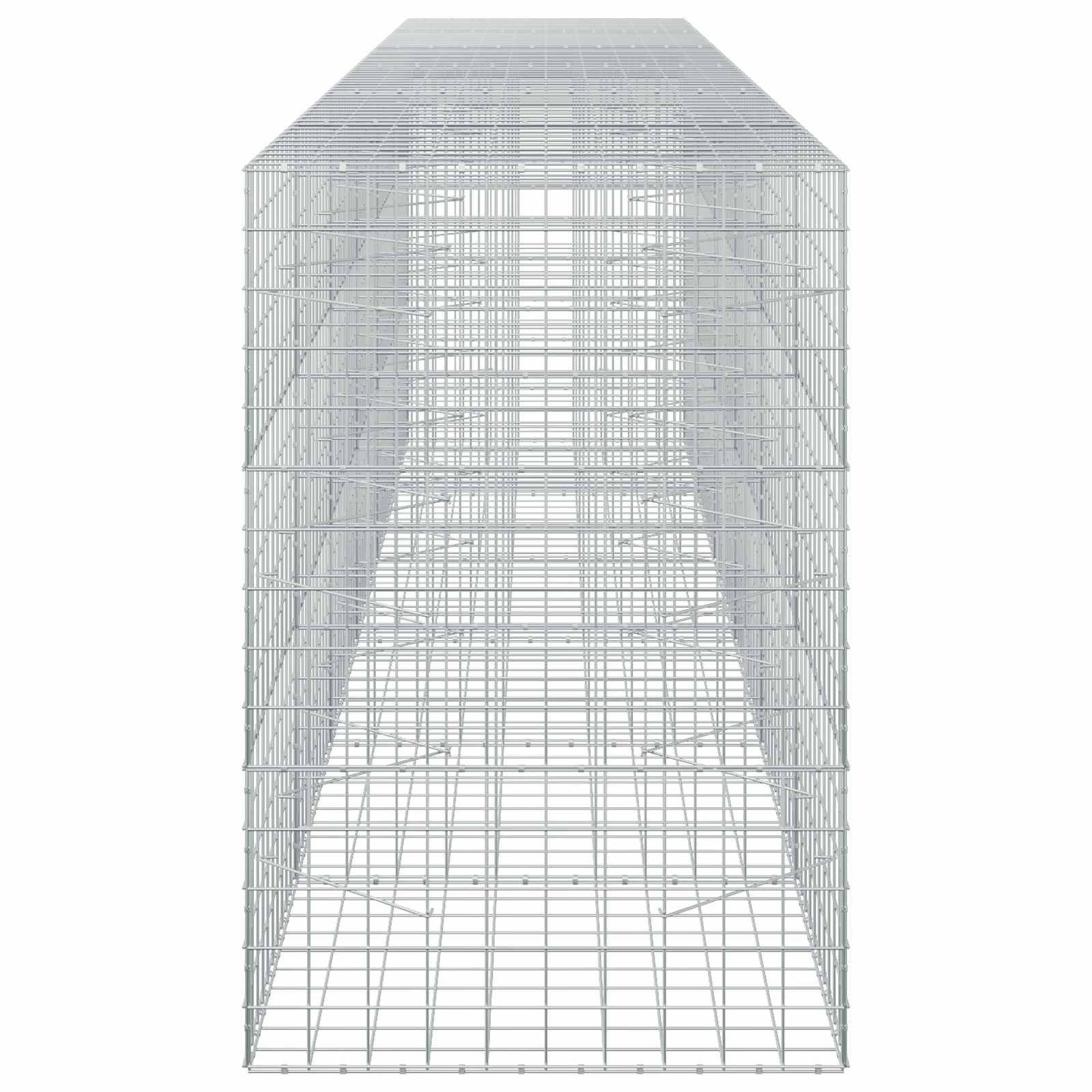 3D-Drahtgitteransicht einer rechteckigen offenen Käfig- oder Tunnelstruktur aus einem dichten Metallgitter auf weißem Hintergrund.