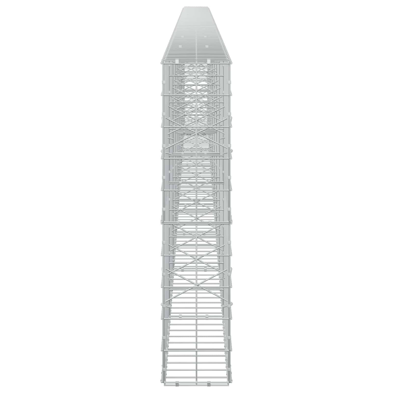 Hoher grauer Metallgitterturm, von vorne auf weißem Hintergrund gesehen, verjüngt sich leicht zur Spitze hin.