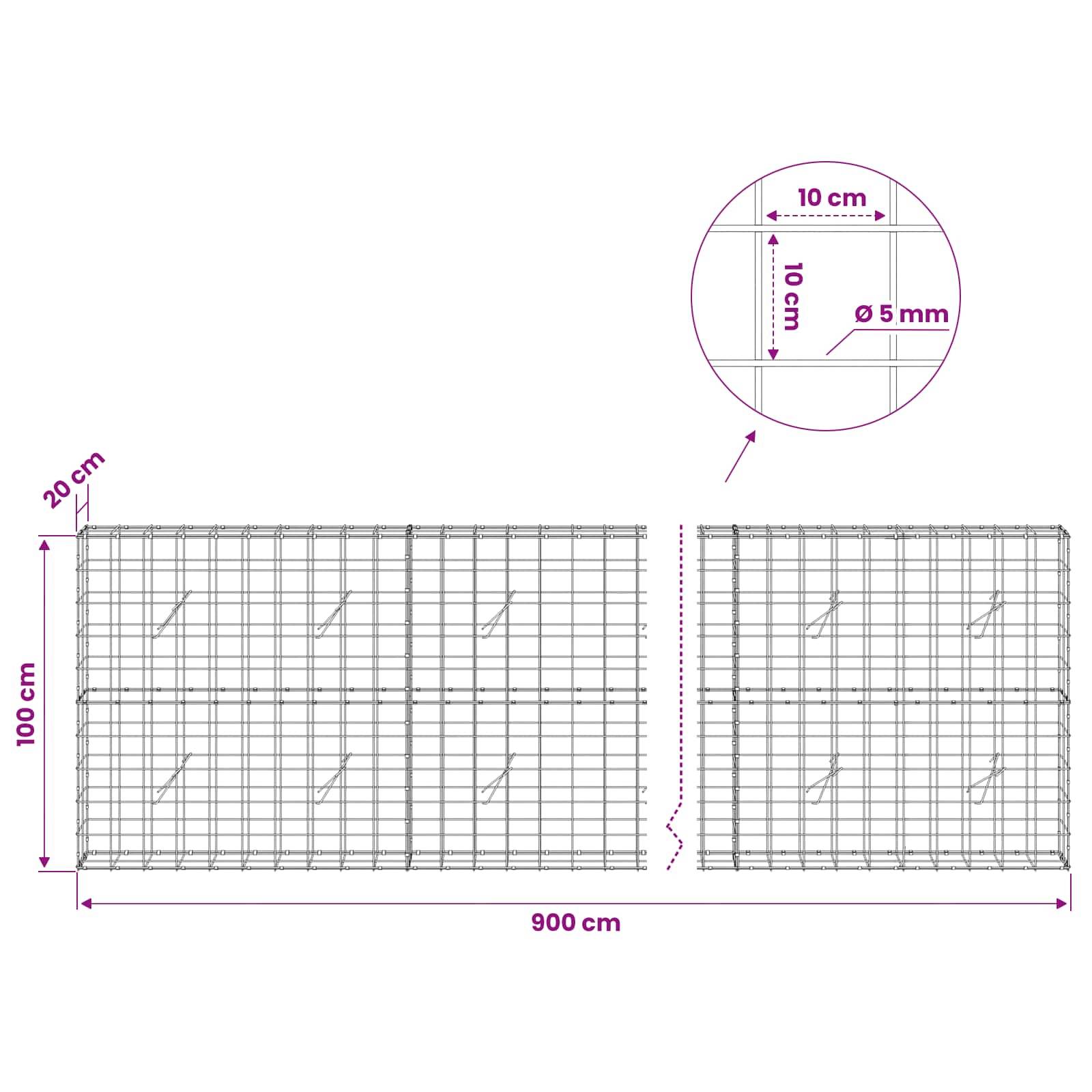 Diagramm eines Maschendrahtzauns, mit einer Breite von 900 cm und einer Höhe von 100 cm beschriftet, mit 20 cm Endüberlappelung und einer Detailzeichnung mit 10 cm Maschenweite und 5 mm Drahtdurchmesser.