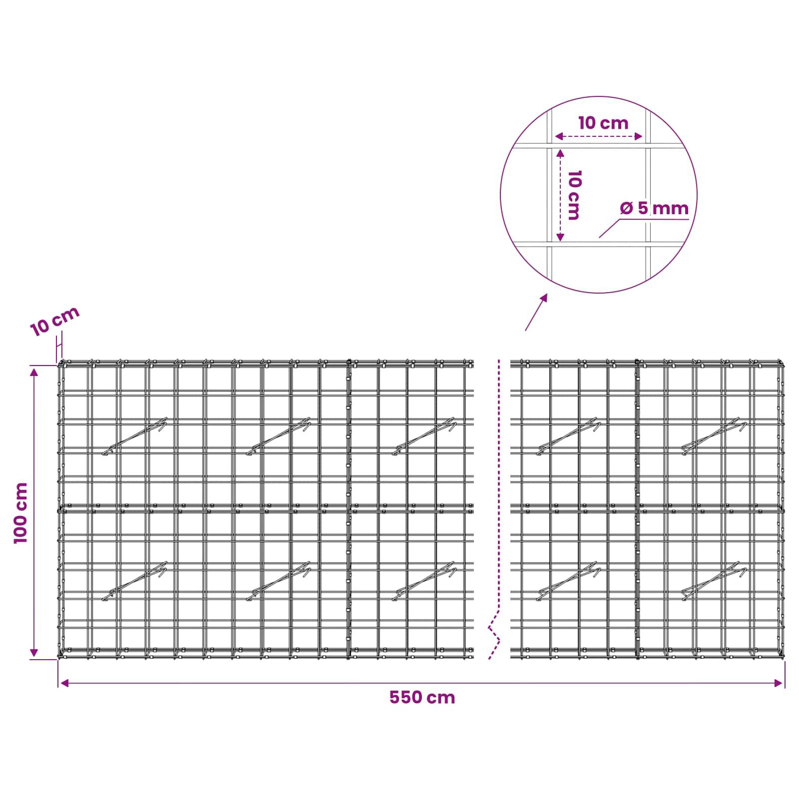 Technisches Diagramm eines Drahtgitterpaneels, das einen 550 cm breiten und 100 cm hohen Abschnitt mit 10 cm Gitterabstand und 5 mm Drahtdurchmesser zeigt.