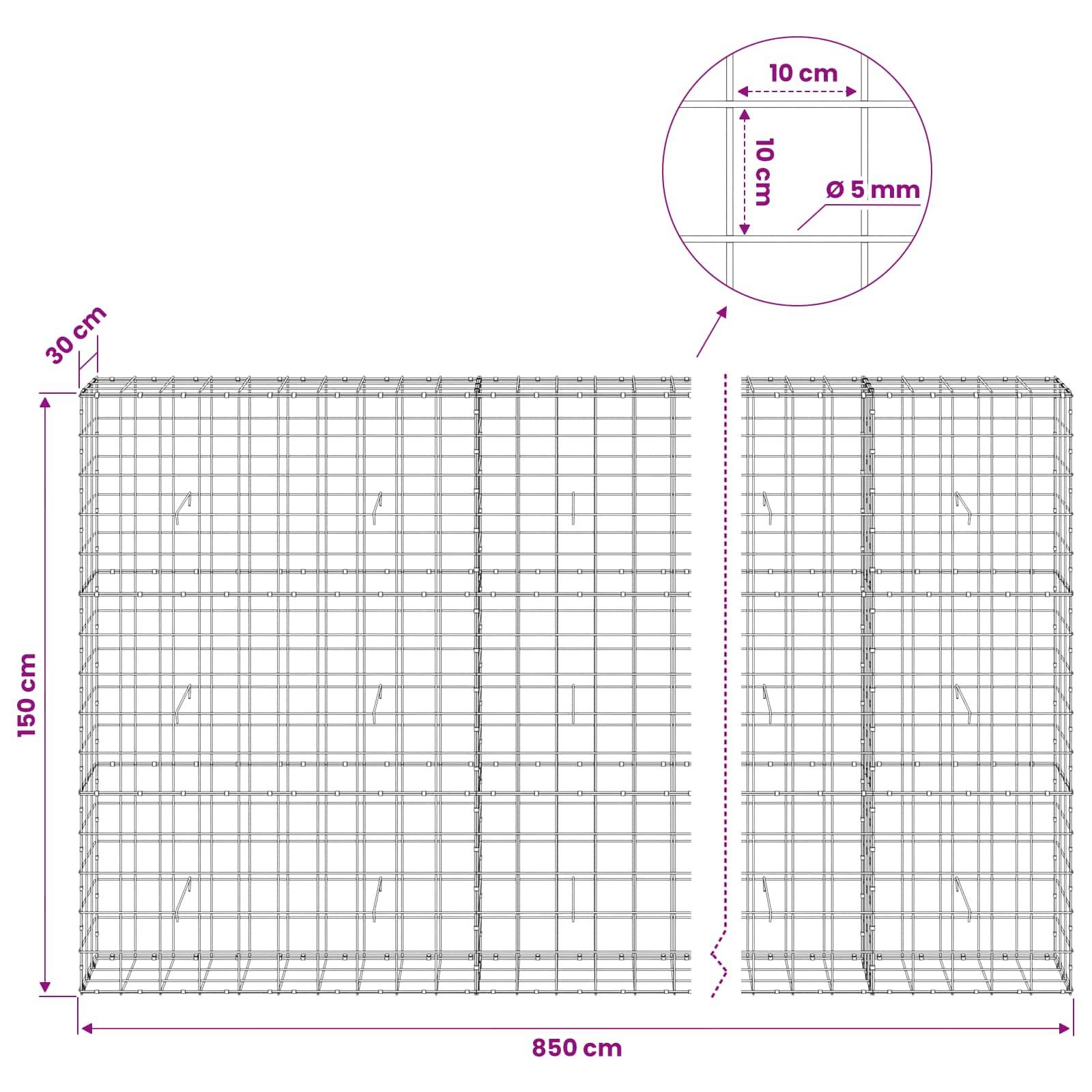 Technisches Diagramm von Drahtgitterpaneelen mit Abmessungen: 850 cm Breite, 150 cm Höhe, 30 cm Tiefe; Detailbeschriftungen 10 cm Abstand und Ø 5 mm Draht.