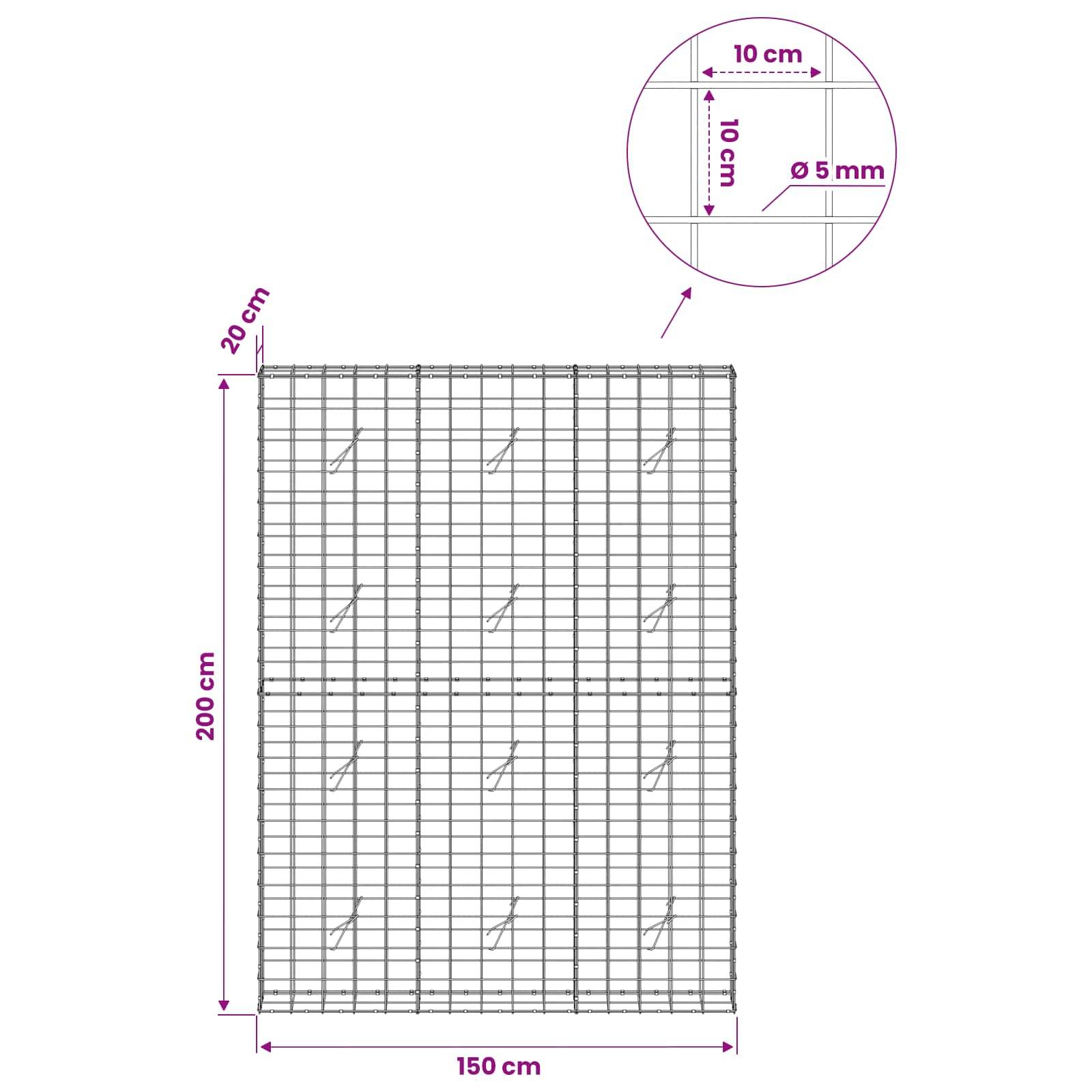 Technisches Schaltbild eines Drahtgitterpaneels mit einer Höhe von 200 cm und einer Breite von 150 cm, mit 10 cm Gitterabstand und 5 mm Drahtdurchmesser.