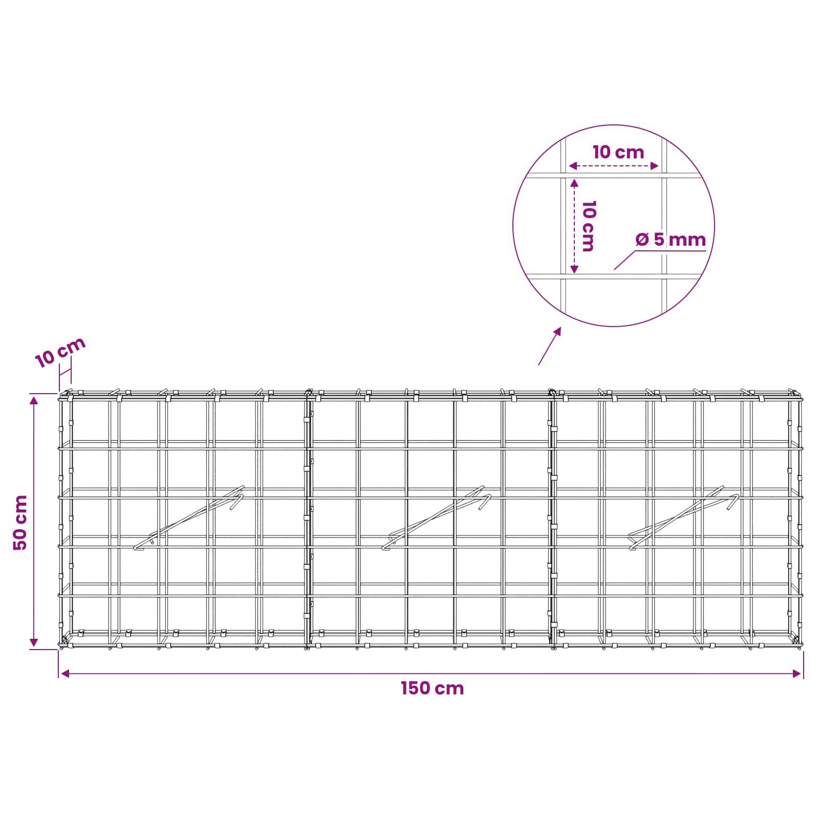 Drahtmaschenfeld-Diagramm zeigt ein rechteckiges Zaunfeld von 150 cm mal 50 cm mit 10 cm Gitterabstand und 5 mm Drahtdurchmesser, plus vergrößerte Eckendetail.
