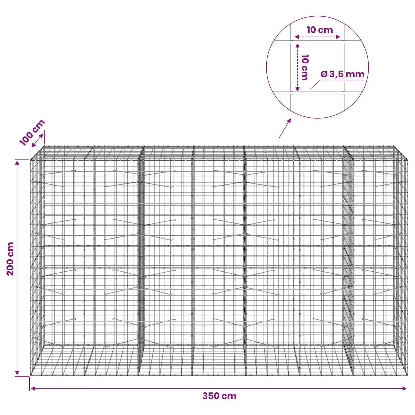 Drahtgitter-Gabionenkorbdiagramm mit Abmessungen 350 cm breit, 200 cm hoch, 100 cm tief, mit 10 cm Gitter und 3,5 mm Drahtdurchmesser.