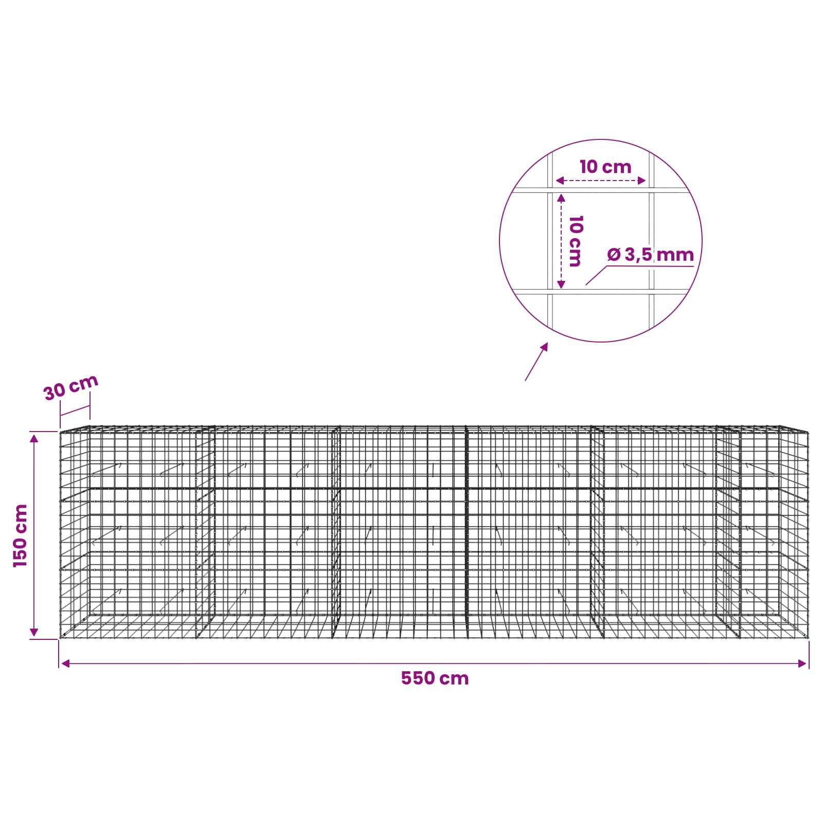 Technische Zeichnung eines rechteckigen Drahtgitterpanels, 550 cm breit und 150 cm hoch beschriftet, mit 30 cm Abstand und einer Detailvergrößerung, die 10 cm x 10 cm Maschenweite und 3,5 mm Drahtdurchmesser zeigt.