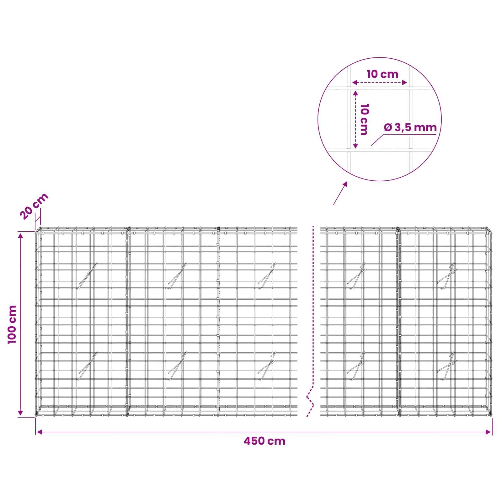 Technisches Diagramm eines Maschendrahtpanels, das die Gesamtgröße von 450 cm x 100 cm mit einem oberen Versatz von 20 cm und eine Detailausschnitt von 10 cm x 10 cm Maschenöffnungen und 3,5 mm Drahtdicke zeigt.