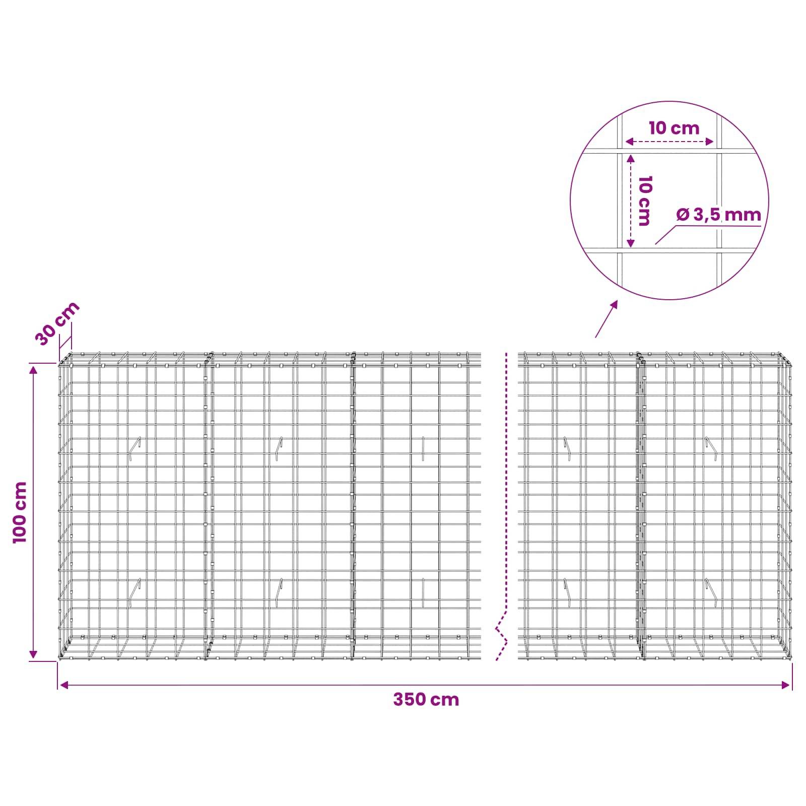Technisches Diagramm zweier Drahtgitter-Gabionenkörbe mit jeweils 100 cm Höhe und 30 cm Tiefe, Gesamtlänge 350 cm und ein Detail, das 10 cm Maschenweite und 3,5 mm Drahtdurchmesser zeigt.