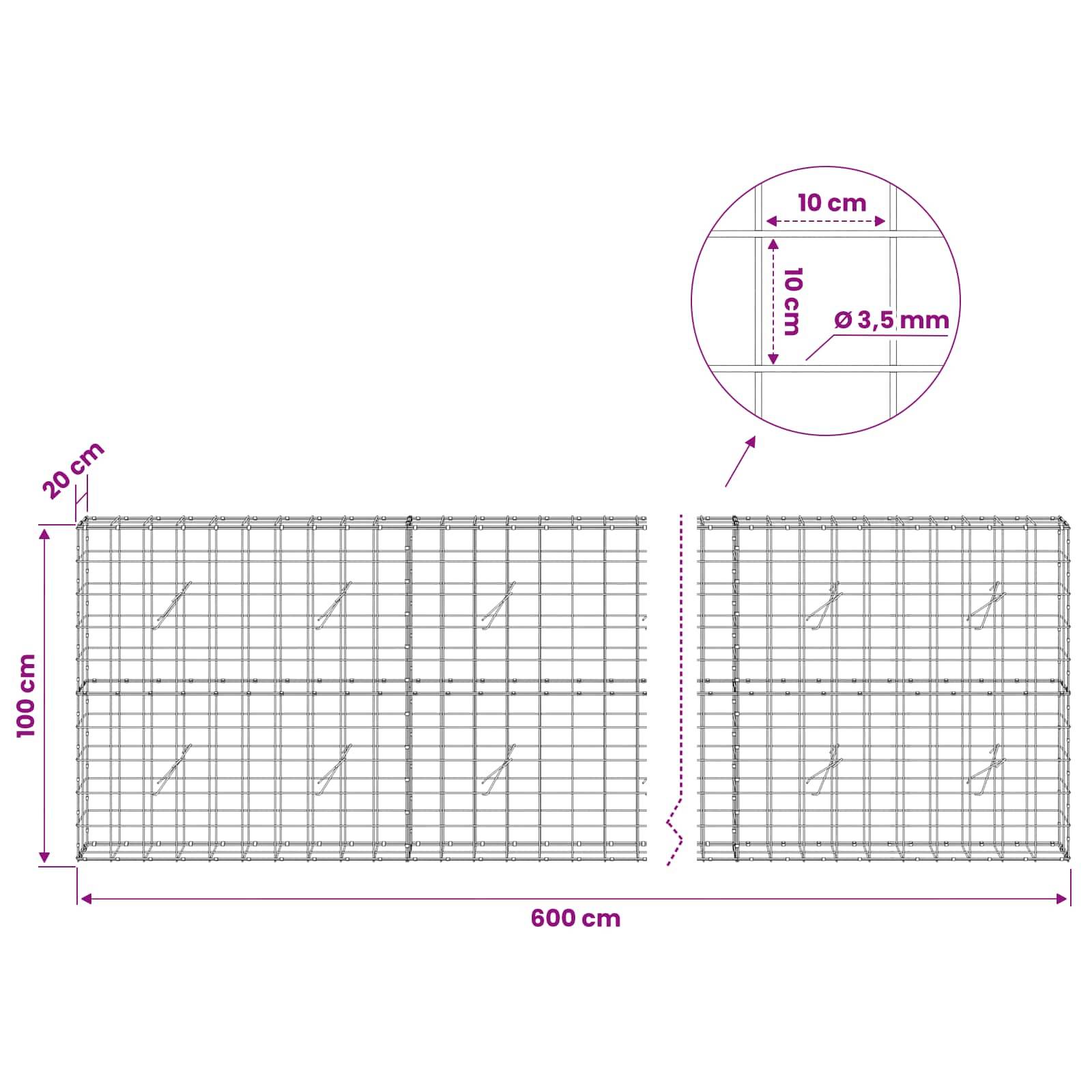 Diagramm von zwei Drahtgitterpanels mit Abmessungen: jedes Panel 100 cm hoch, 20 cm tief und 600 cm lang, mit 10 cm Quadratmaschung und 3,5 mm Drahtdurchmesser.