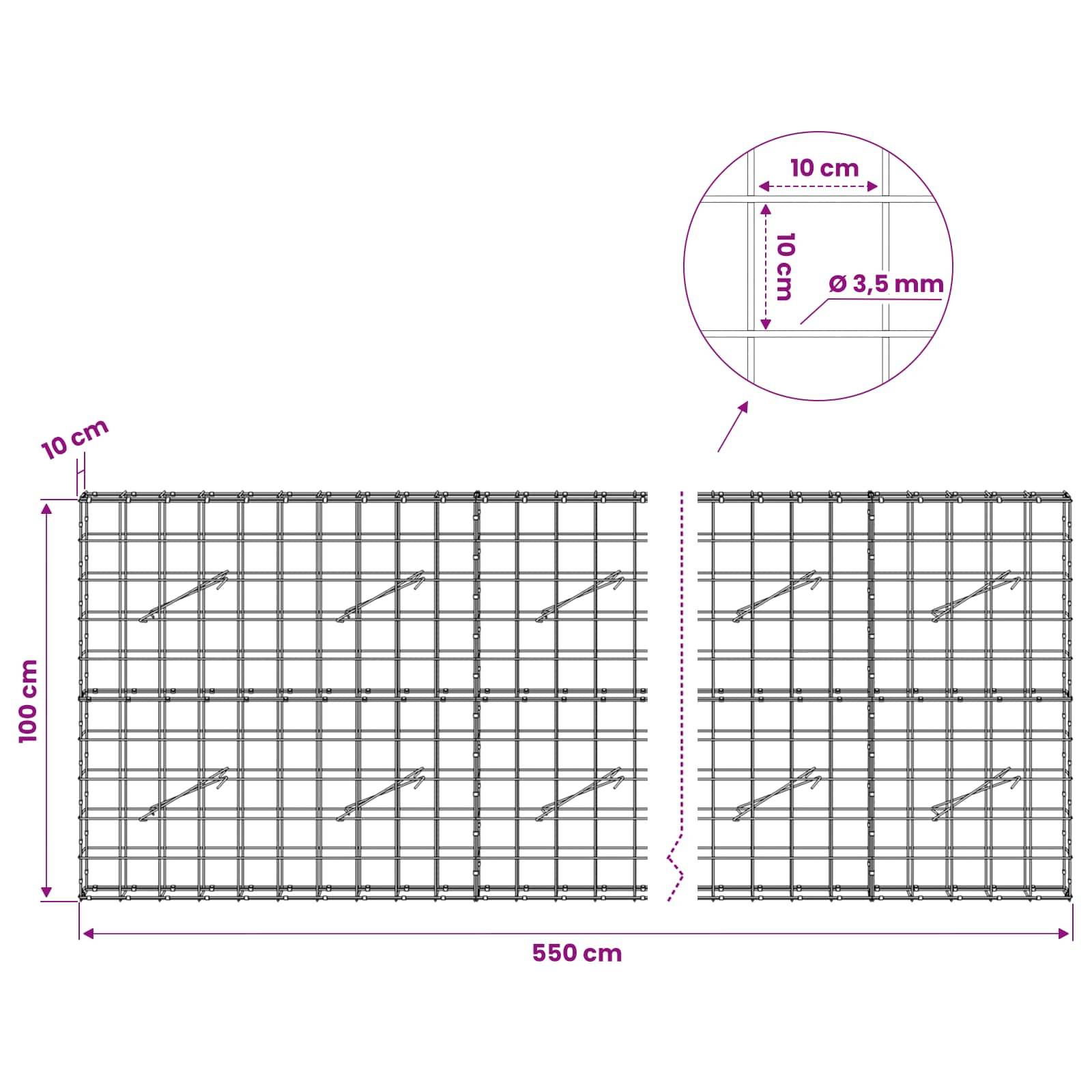 Technisches Diagramm eines Drahtgitterpaneels, aufgeteilt zur Darstellung eines Zaun­abschnitts mit 550 cm Breite und 100 cm Höhe mit 10 cm Gitter­abstände und 3,5 mm Draht­durch­messer.