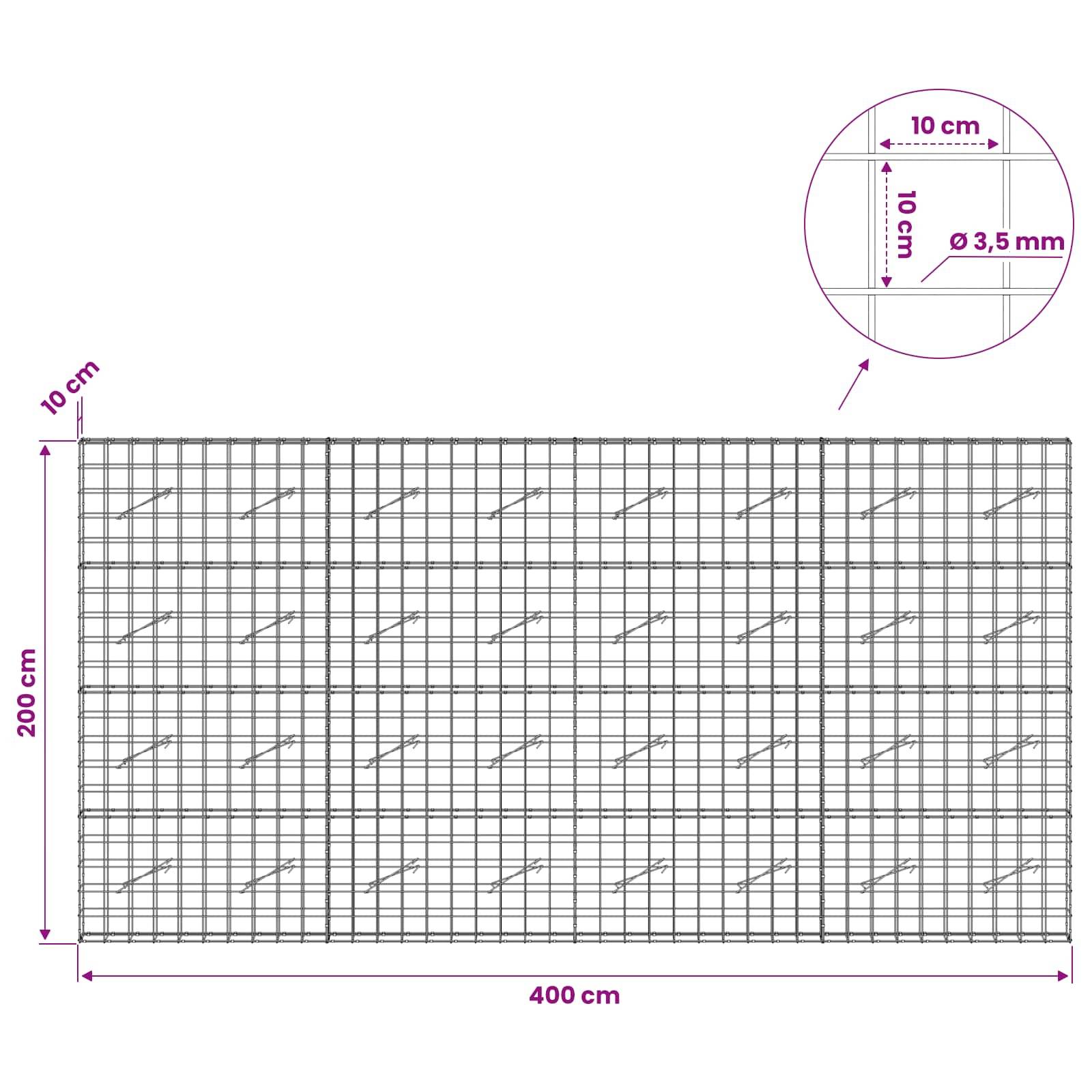 Technisches Gitterdiagramm eines 400 cm × 200 cm Panels mit 10 cm quadratischem Maschenwerk und 3,5 mm Drahtdurchmesser, plus vergrößerte Detailansicht.