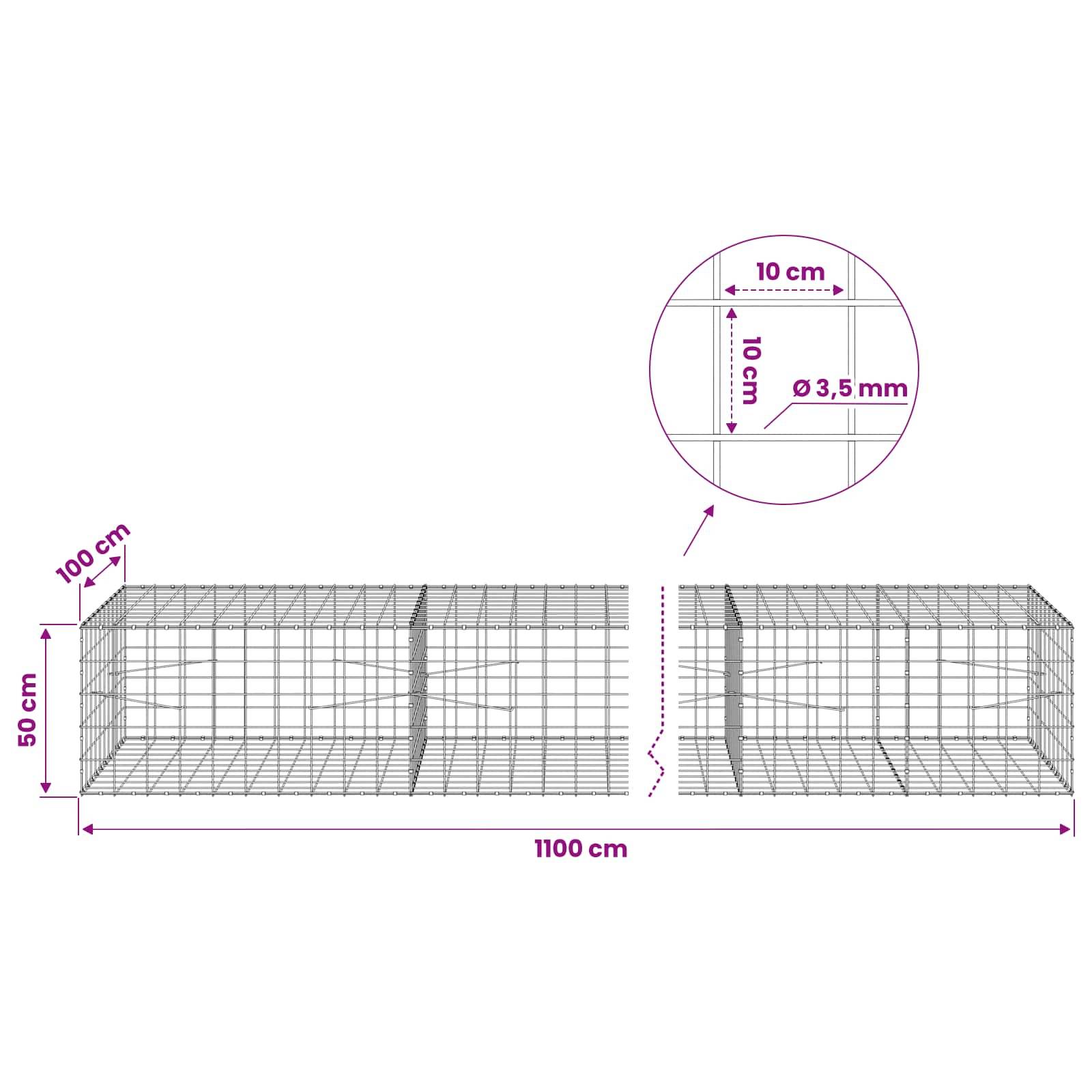 Drahtgeflecht-Käfig-Diagramm mit zwei verbundenen Abschnitten, jeweils 100 cm breit und 50 cm hoch, Gesamtlänge 1100 cm, mit 3,5 mm Draht und 10 cm Maschenweite.