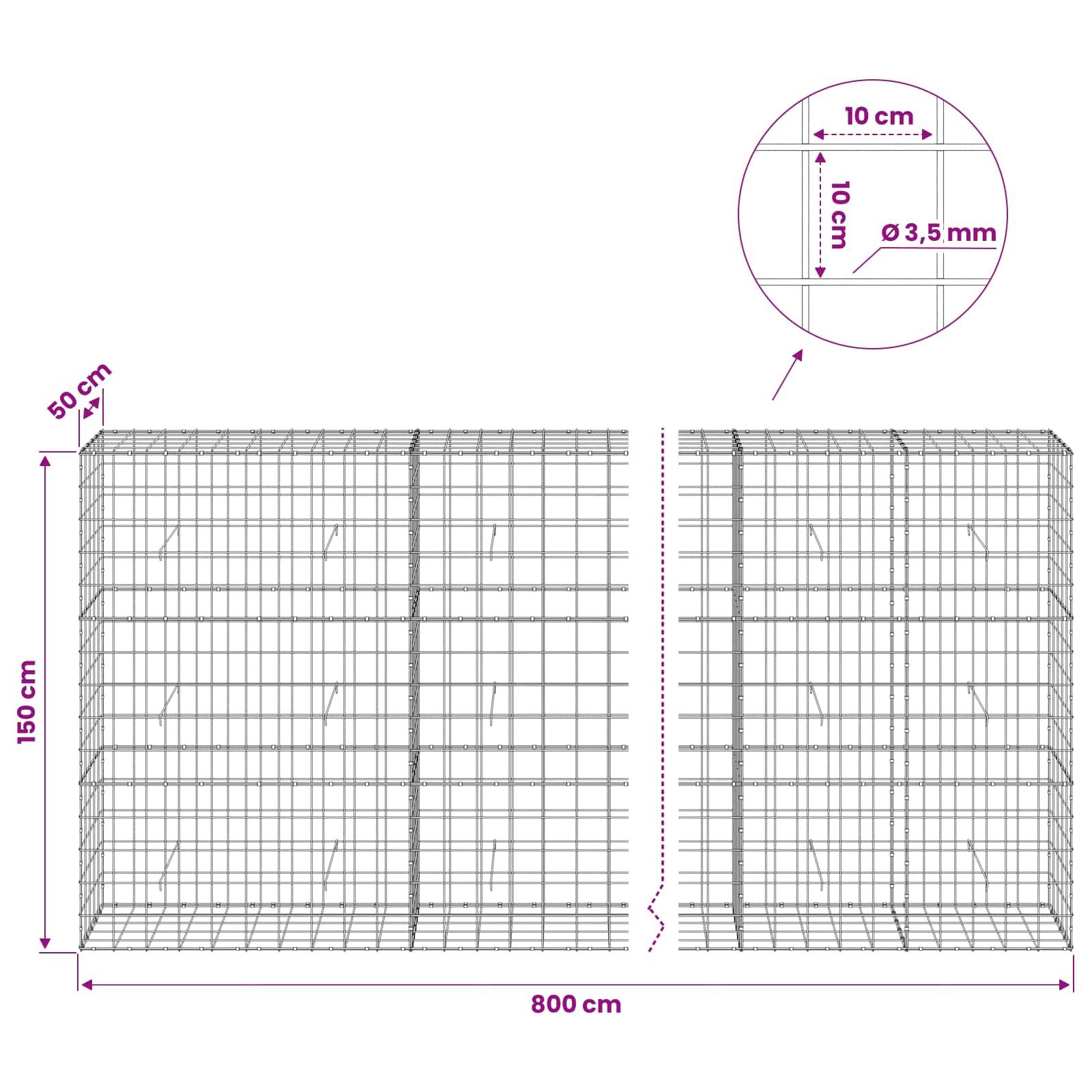 Technisches Diagramm eines Drahtgitterzaun-Abschnitts mit den Abmessungen 800 cm Breite, 150 cm Höhe, 50 cm Tiefe, 10 cm Maschenweite und 3,5 mm Drahtdurchmesser.