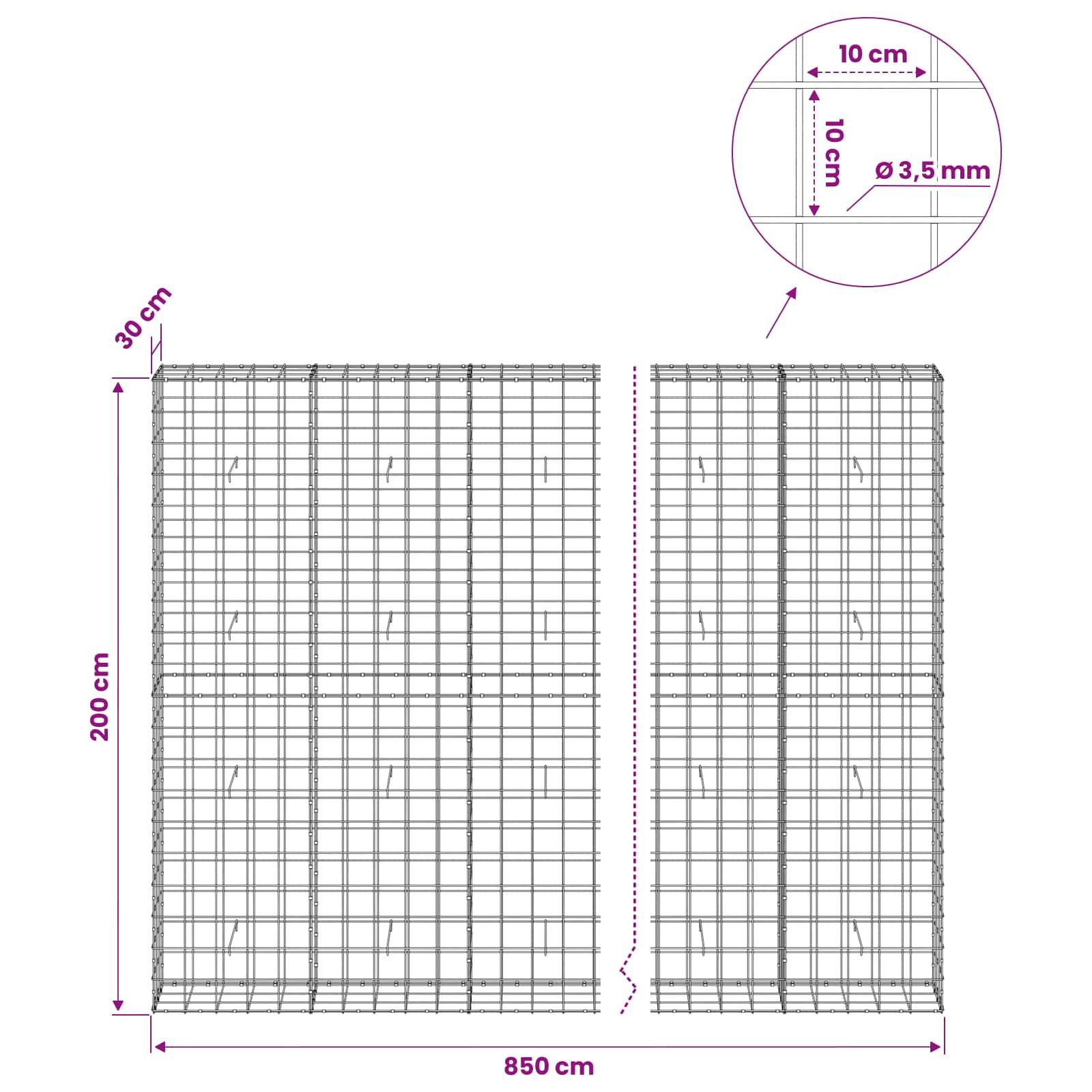 Diagramm von zwei Maschendrahtzaun-Paneelen mit Abmessungen: 200 cm Höhe, 850 cm Gesamtbreite, 30 cm Seitenabstand und eine Detailansicht mit 10 cm Gitter und 3,5 mm Drahtdurchmesser.