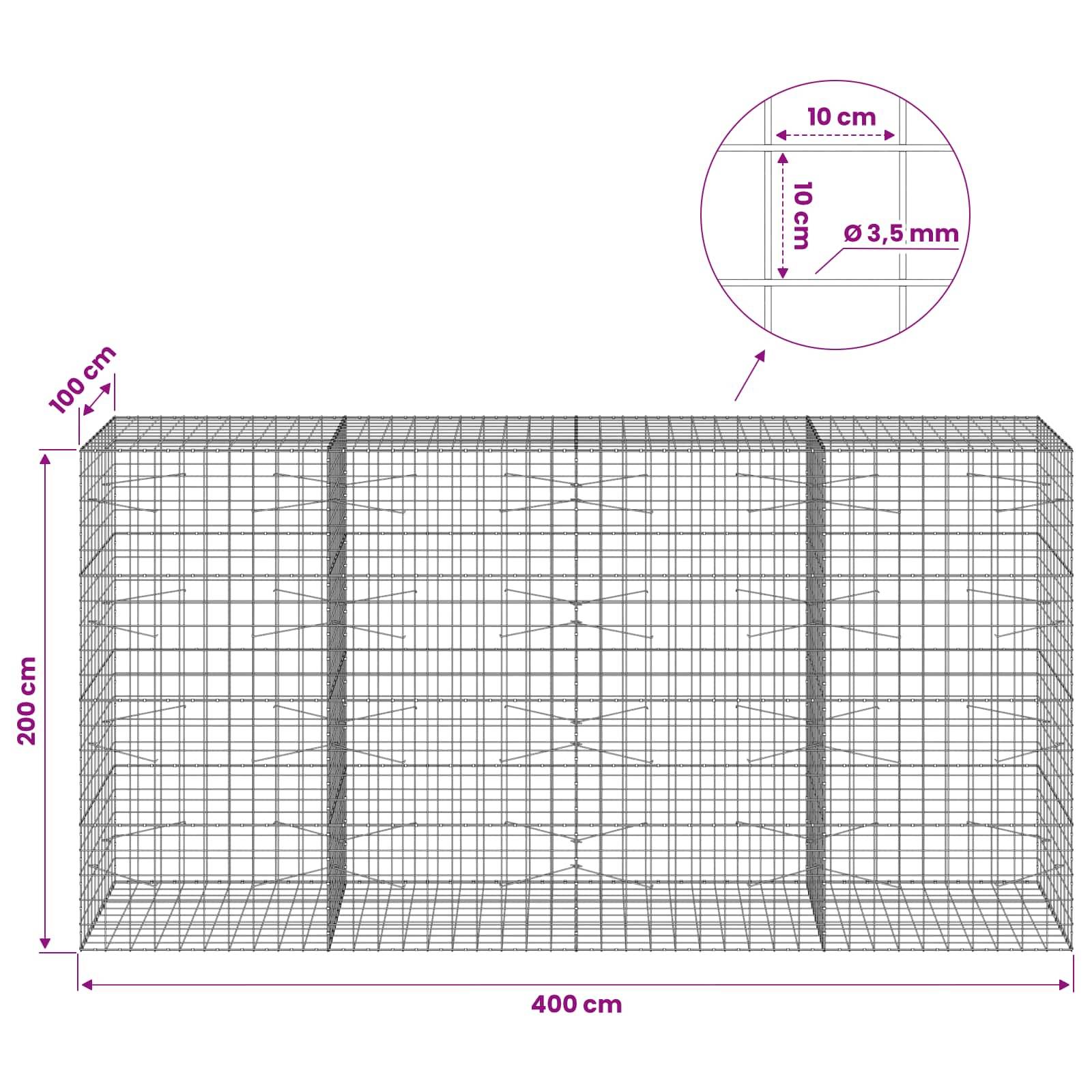 Drahtgewebegehäuse-Diagramm mit einem rechteckigen Käfig von 400 cm x 200 cm x 100 cm mit 10 cm Gitteröffnungen und 3,5 mm Drahtdurchmesser.
