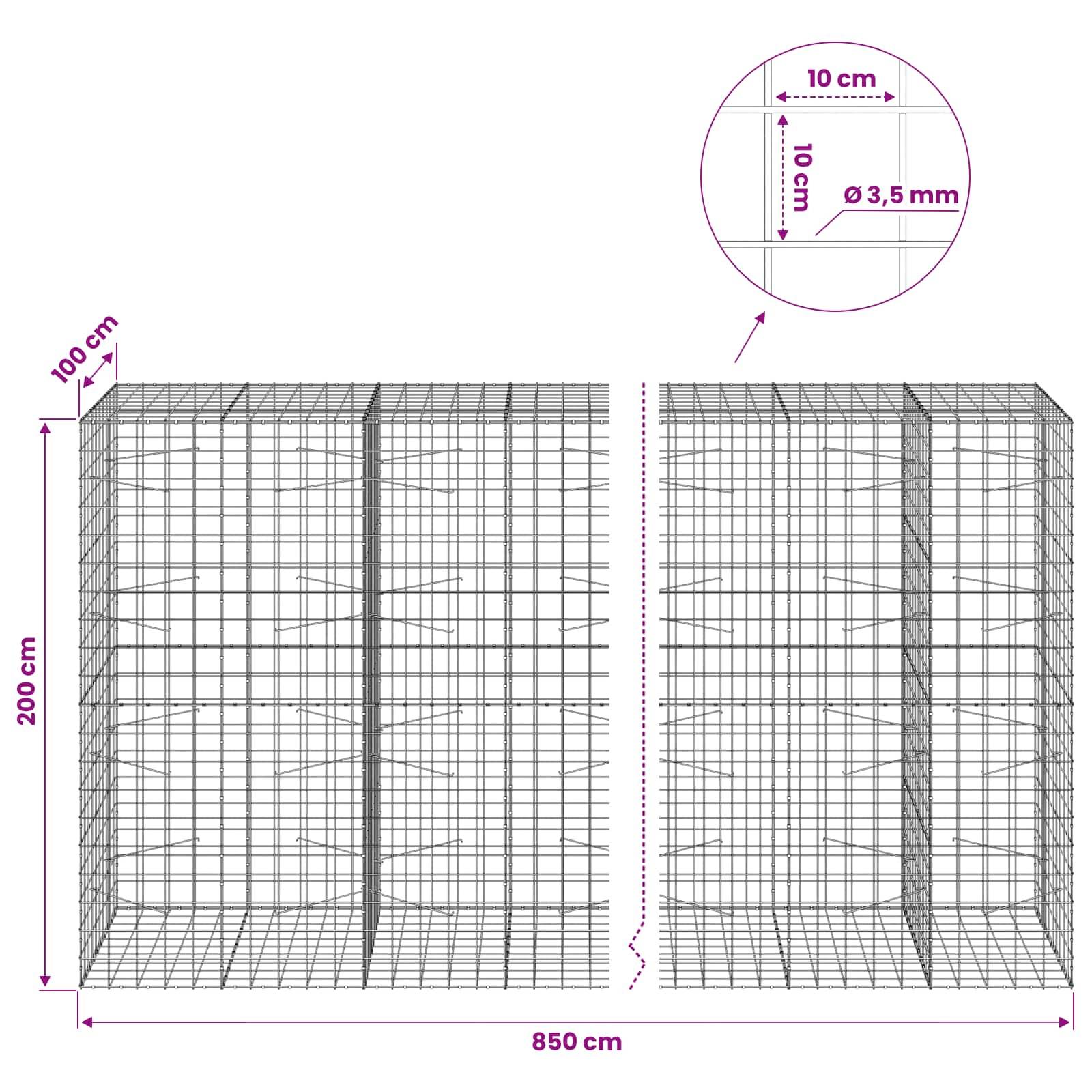 Drahtgeflecht-Gabionenwand-Diagramm mit zwei 100 cm tiefen, 200 cm hohen Abschnitten über eine Spannweite von 850 cm, mit 10 cm Gitter und 3,5 mm Drahtdetail.