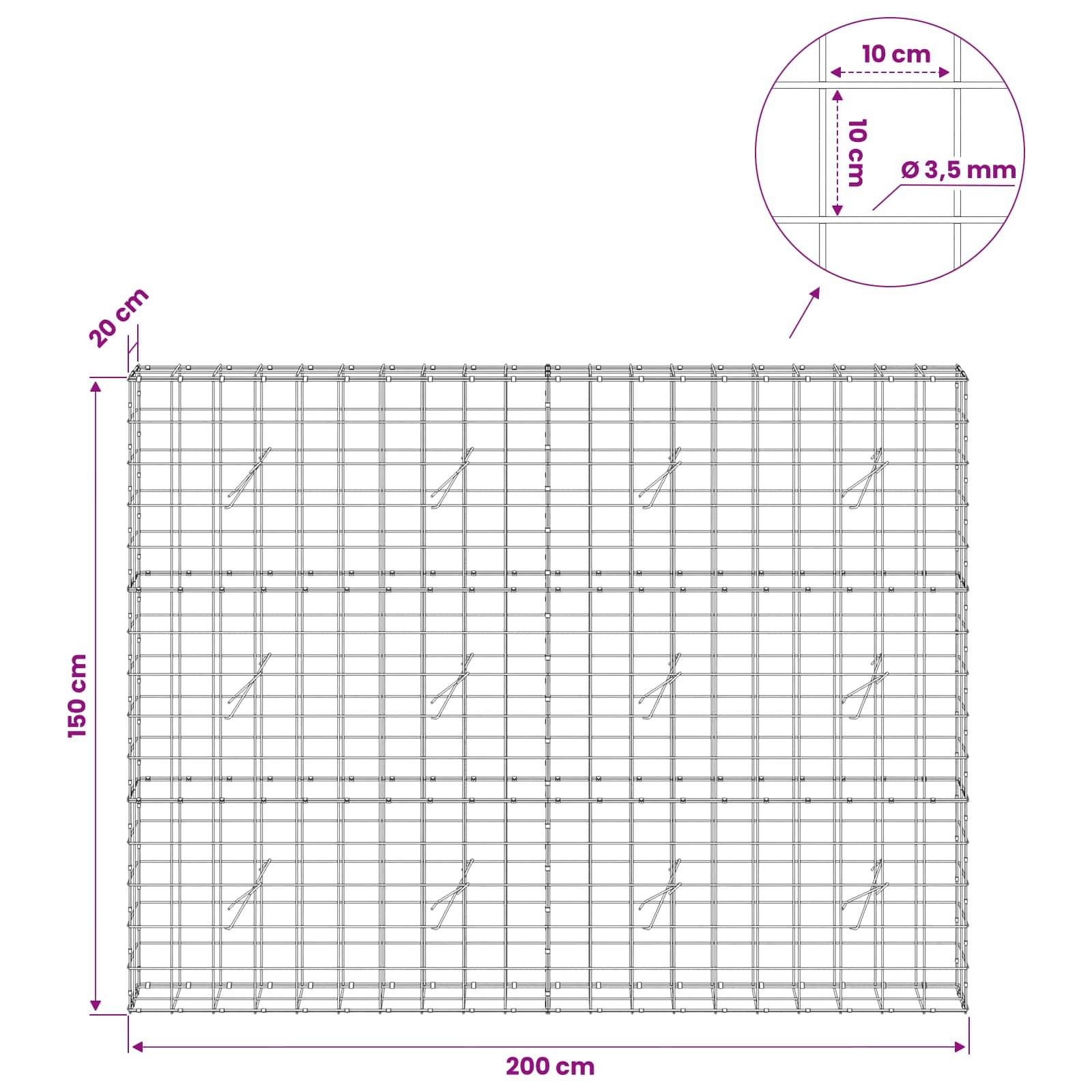 Drahtmaschenfeld-Diagramm mit einem 200 cm breiten und 150 cm hohen rechteckigen Zaun-Element mit 10 cm Gitterabstand und 3,5 mm Drahtdurchmesser.