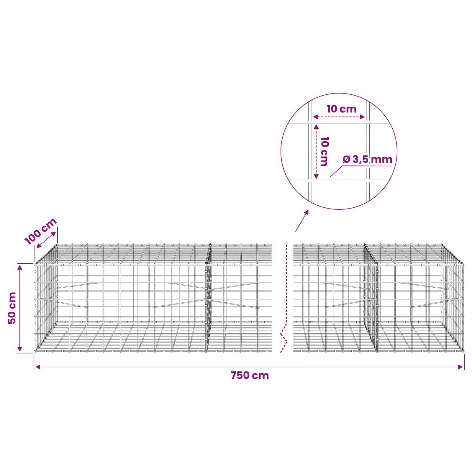 Diagramm einer Drahtkorbgabionenmauer, 750 cm lang, 50 cm hoch und 100 cm tief, mit 10 cm Maschenweite und 3,5 mm Drahtdurchmesser.