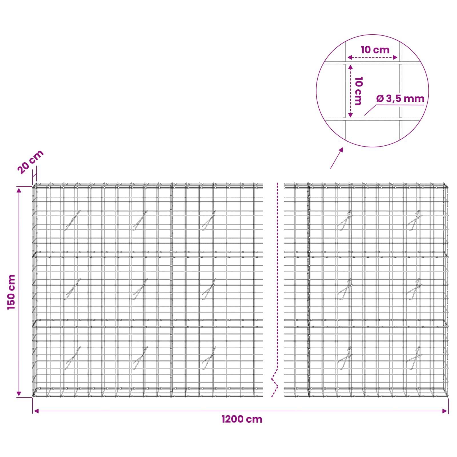 Technisches Diagramm eines Drahtgitterzaunfeldes mit einer Gesamtgröße von 1200 cm x 150 cm, Felddicke 20 cm und Maschenöffnungen von 10 cm x 10 cm mit 3,5 mm Drahtdurchmesser.