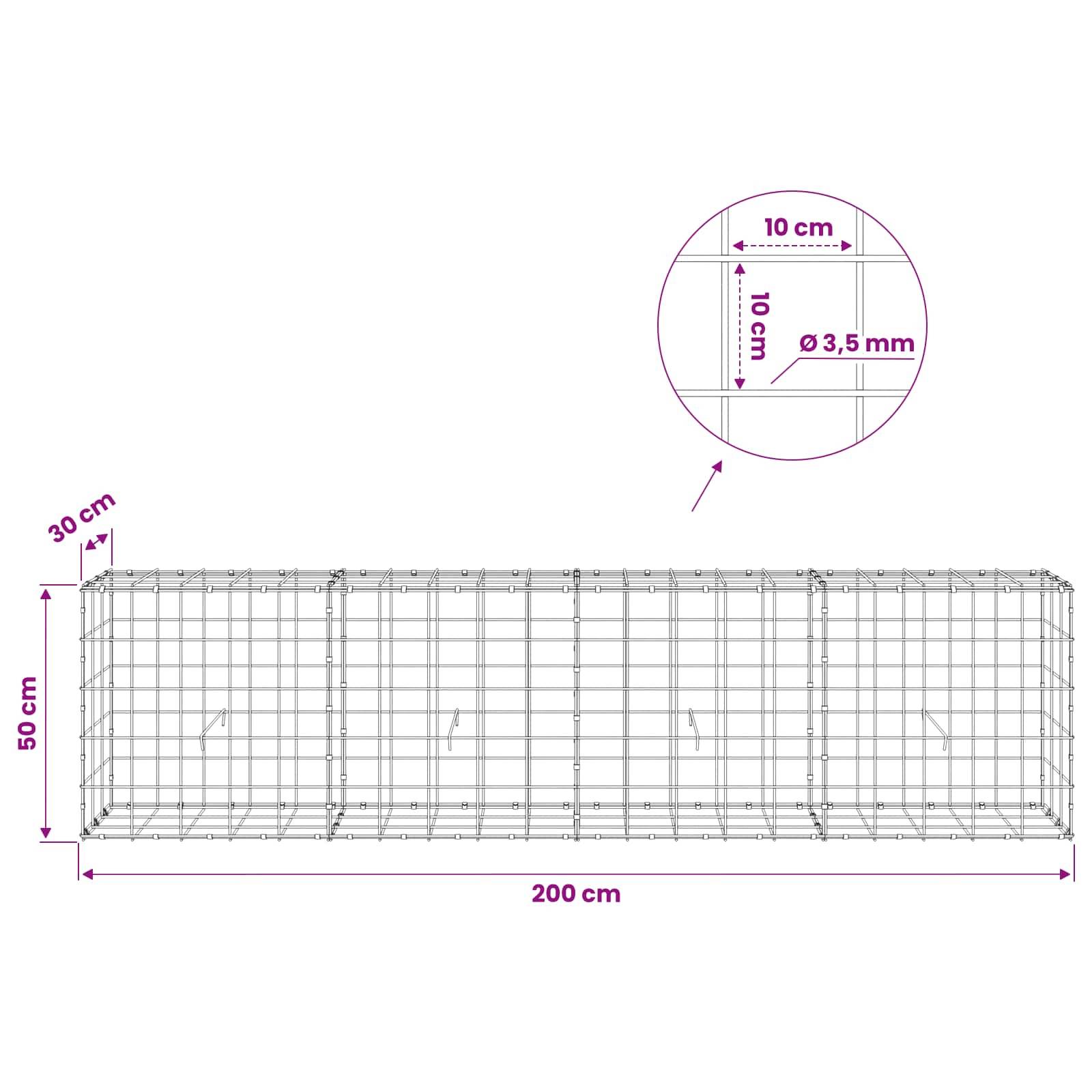 Drahtgitterdiagramm, das ein rechteckiges Gehäuse zeigt, 200 cm lang, 50 cm hoch, 30 cm tief, aus 3,5 mm Maschenweite mit 10 cm Gitterabstand.