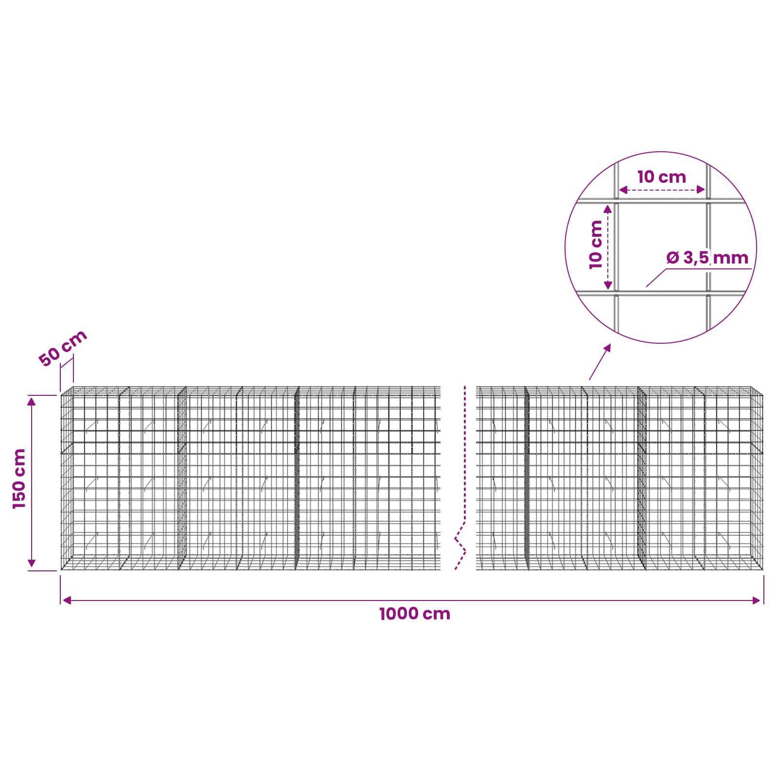 Diagramm einer geschweißten Drahtmattenpaneel mit Abmessungen: 1000 cm lang, 150 cm hoch, 50 cm Umbrüche, mit 10 cm Raster und 3,5 mm Drahtdurchmesser.